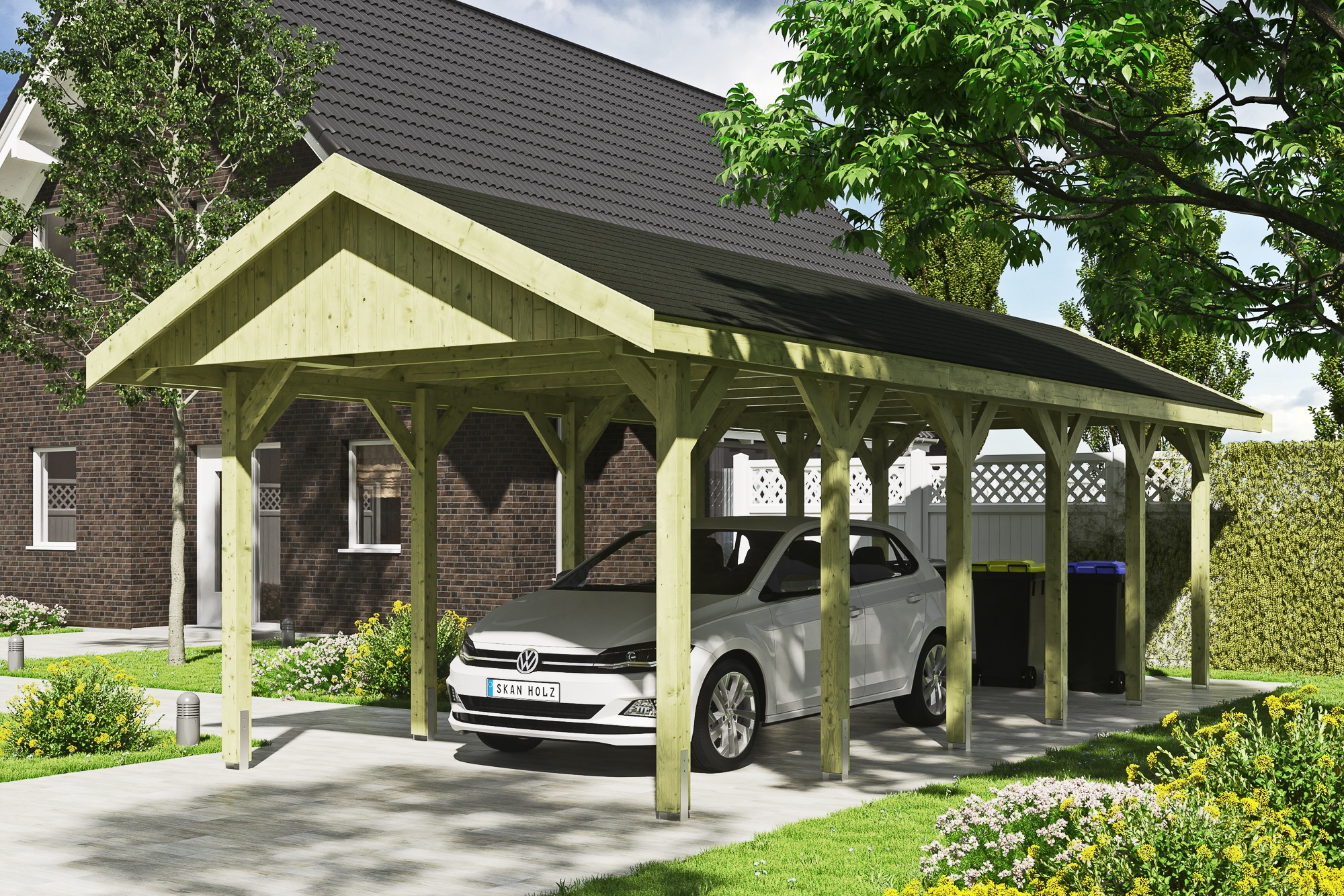 Skanholz Einzelcarport »Wallgau«, Nadelholz, 291 cm, Grün, mit schwarzen Dachschindeln