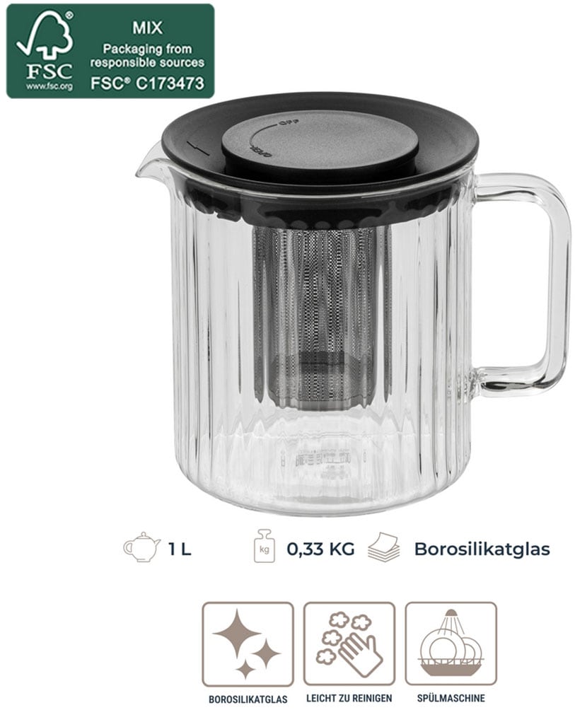 RESTO Kitchenware Teekanne »Ain, hitzebeständige Glaskanne im 3D Design, Höhe ca. 13 cm«, 1 l, (4 St.), mit herausnehmbarem Filtersieb aus Edelstahl, im Geschenkkarton