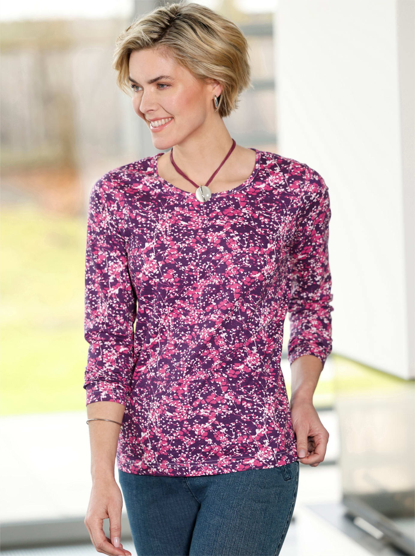 Langarmshirt CLASSIC BASICS "Langarm-Shirt", Damen, Gr. 38, bunt (traube, erika, bedruckt), 100% Baumwolle, gemustert, mehrfarbig, Rundhals, Shirts Langarmshirt