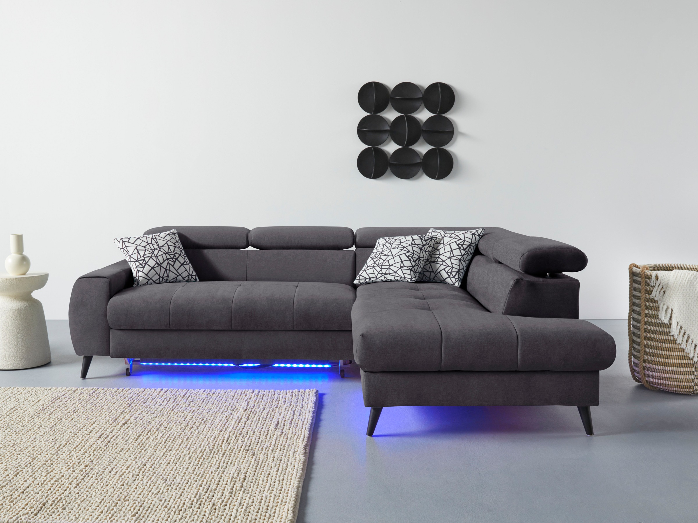 COTTA Ecksofa »Mia L-Form mit 3 Zierkissen«, wahlweise mit Bettfunktion, Bettkasten, Beleuchtung & Wireless-Charger
