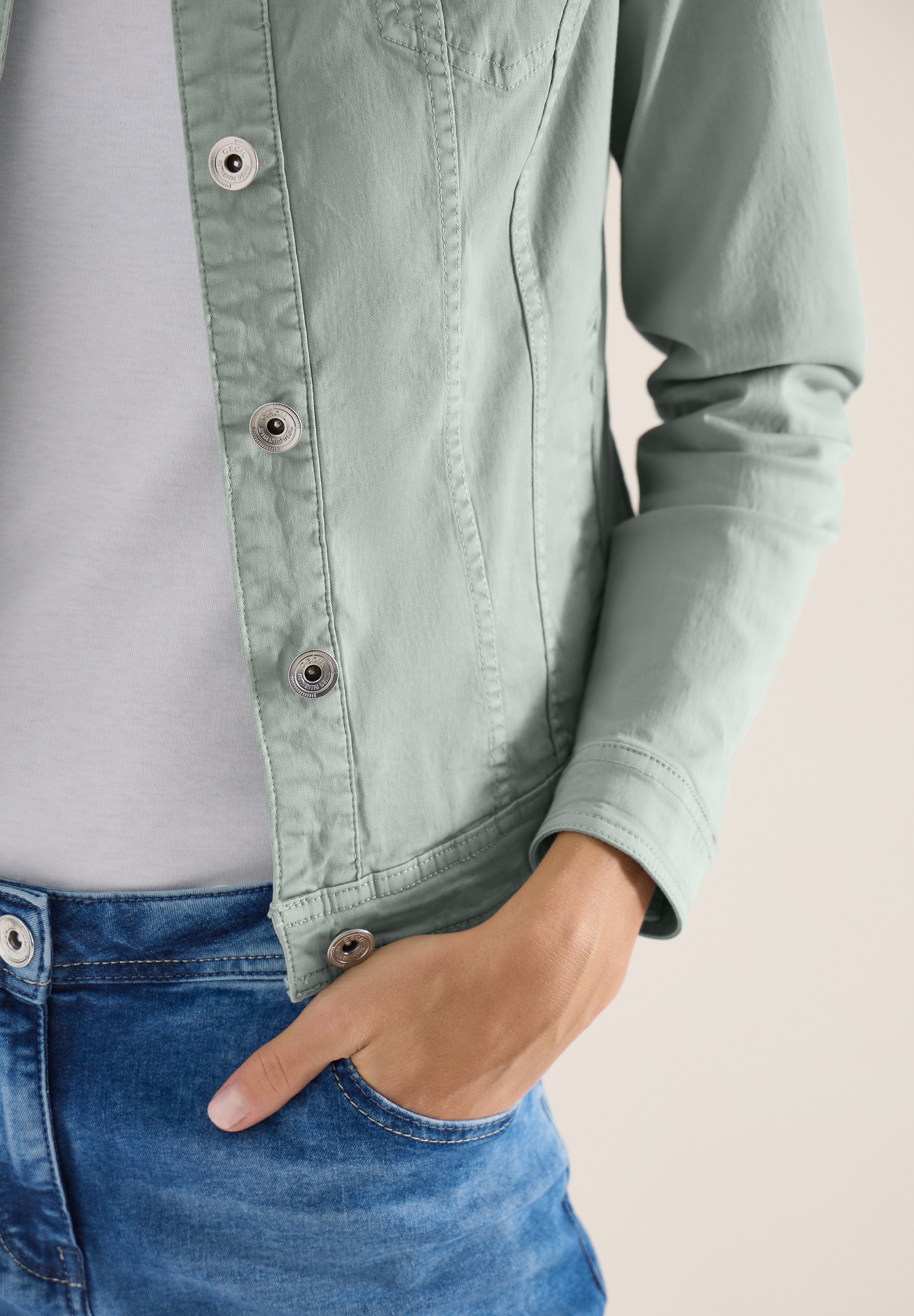 Jeansjacke CECIL, Damen, Gr. M (40), mint sea grün, Denim/Jeans, Obermaterial: 98% Baumwolle, 2% Elasthan. Futter: 100% Baumwolle, unifarben, regular fit normal, gerader Abschluss, Jacken Jeansjacke, mit Brust Taschen 6