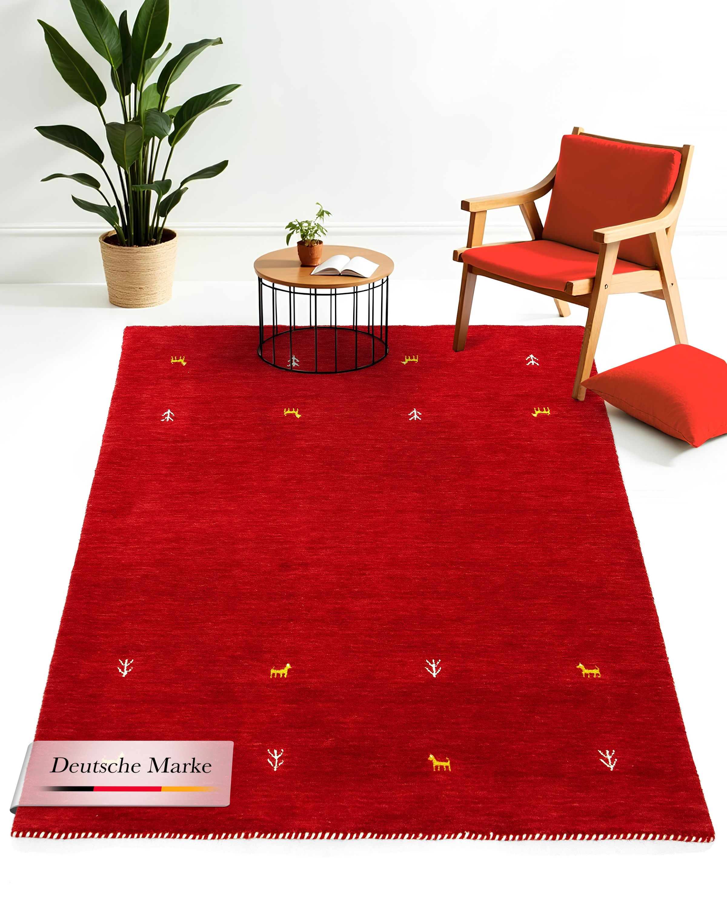 Wollteppich CARPETFINE "Gabbeh Uni, auch als Läufer und Rund erhältlich", rot, B:120cm H:15mm L:170cm, Wolle, Teppiche, reine Wolle, handgewebt, Gabbeh Loom Tiermotiv, große Farbauswahl