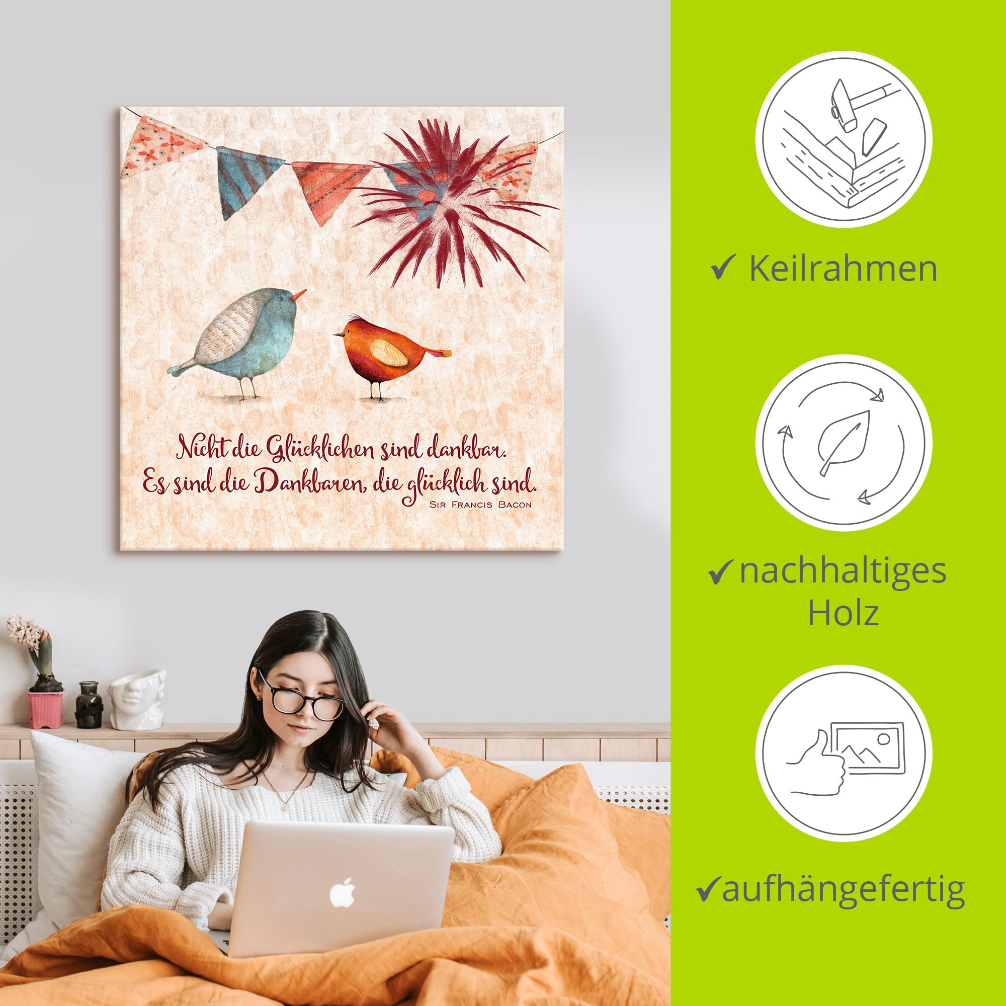 Artland Wandbild »Lebensweisheit Glücklich«, Tiere, (1 St.), als Alubild, Outdoorbild, Leinwandbild, Poster, Wandaufkleber