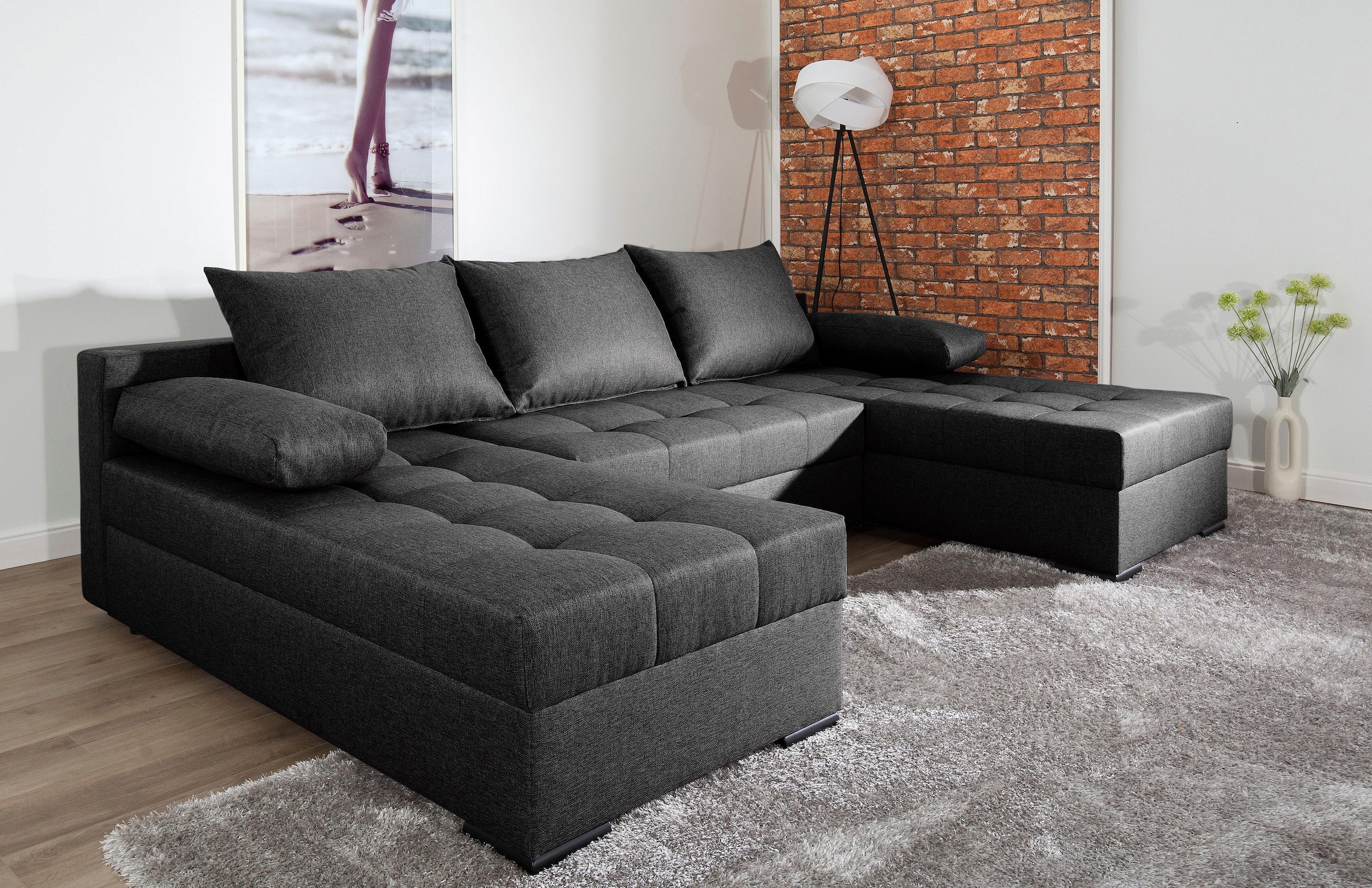 COLLECTION AB Wohnlandschaft »Josy U-Form, Breite 269 cm, Flachgewebe, Struktur, Cord & Cord/Mix«, (Cord-/Mix), inkl. Bettfunktion, Bettkasten, mit 3 gleich großen Rückenkissen