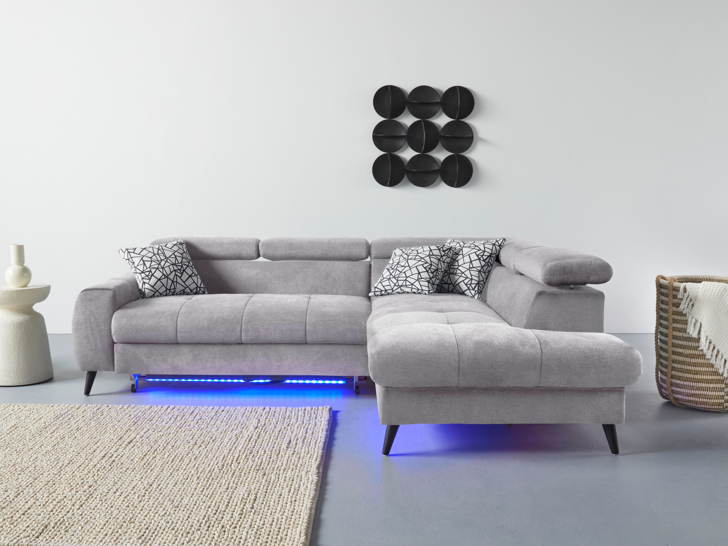 COTTA Ecksofa »Mia L-Form mit 3 Zierkissen«, wahlweise mit Bettfunktion, Bettkasten, Beleuchtung & Wireless-Charger