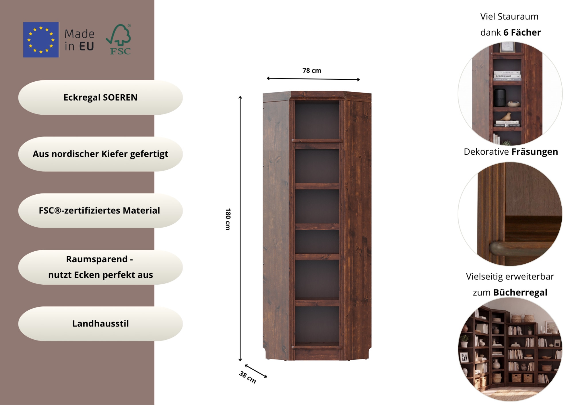 OTTO home Eckregal »Soeren Regal Höhe 220 cm, massive Kiefer, FSC®-zertifiziert« passend für Regale Soeren mit einer Tiefe von 29 cm