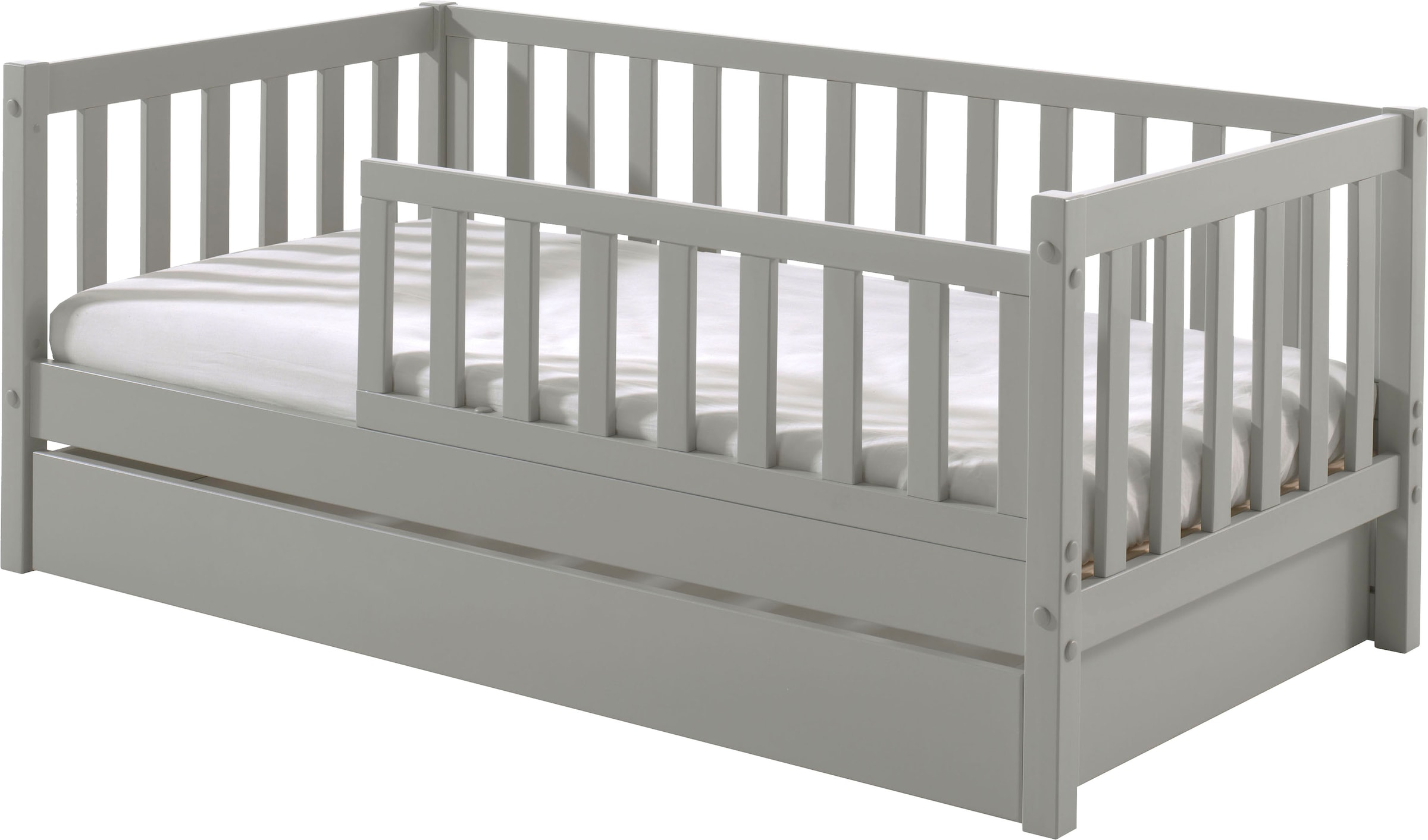 Vipack Kinderbett »Junior, Kiefer massiv lackiert, niedriger Einstieg rechts oder links«, (B/H/T ca. 148x60x76cm, wahlweise mit Schublade, in 2 Farben erhältlich), inklusive Rolllattenrost und umlaufendem Absturzschutz