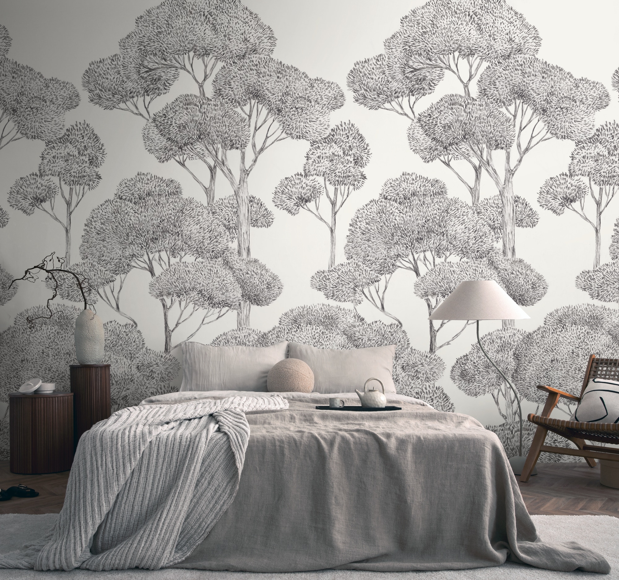 living walls Vliestapete "Vibes & Styles Silvanor – Forest Sketch Fototapete" Comic leicht strukturiert Stilisierte Baumlandschaft mit feinen Linien und ruhiger Tiefenwirkung
