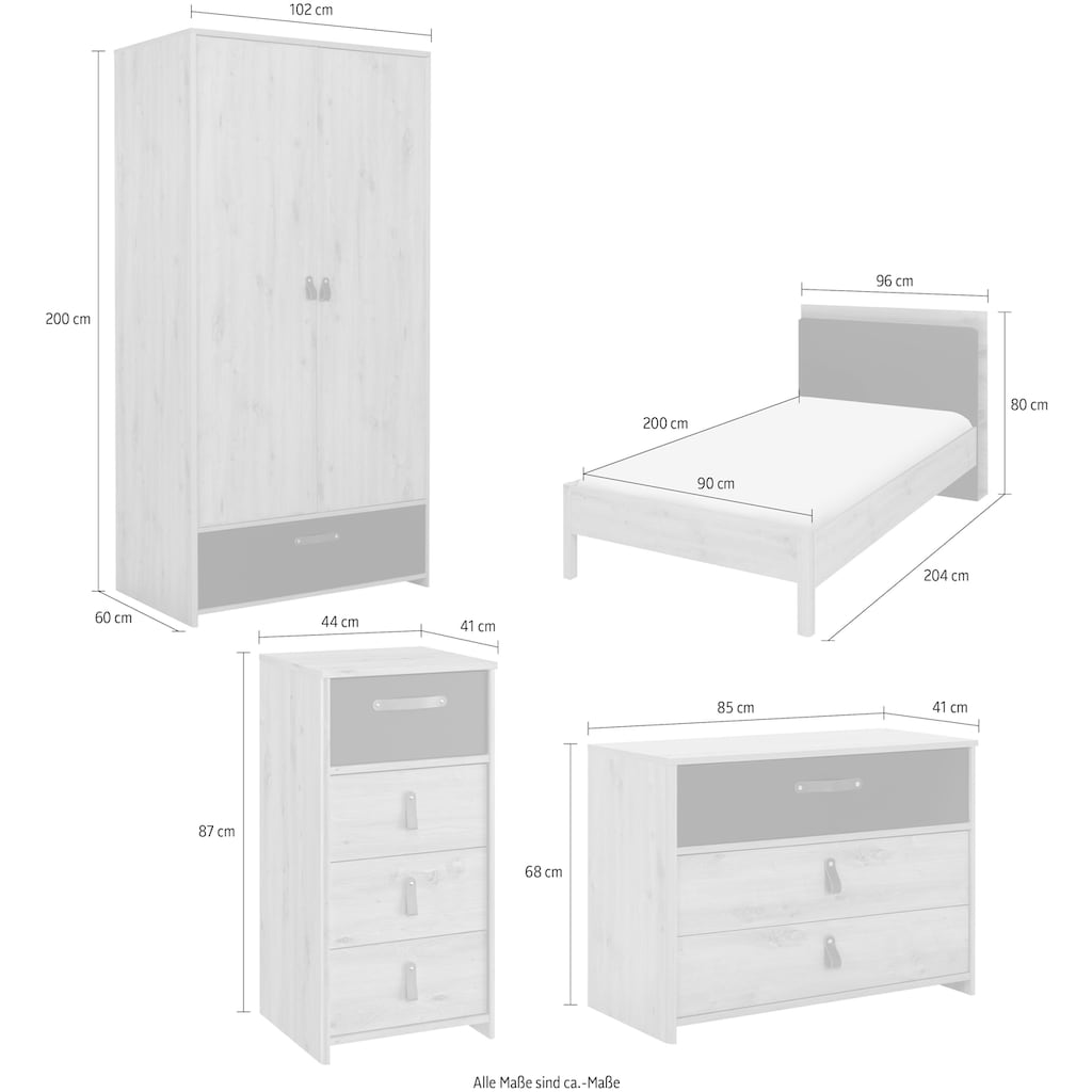 Gami Jugendzimmer-Set »Arthus«, (5 St., Bett mit Kopfteil, Kleiderschrank, Kommode, hohe Kommode)