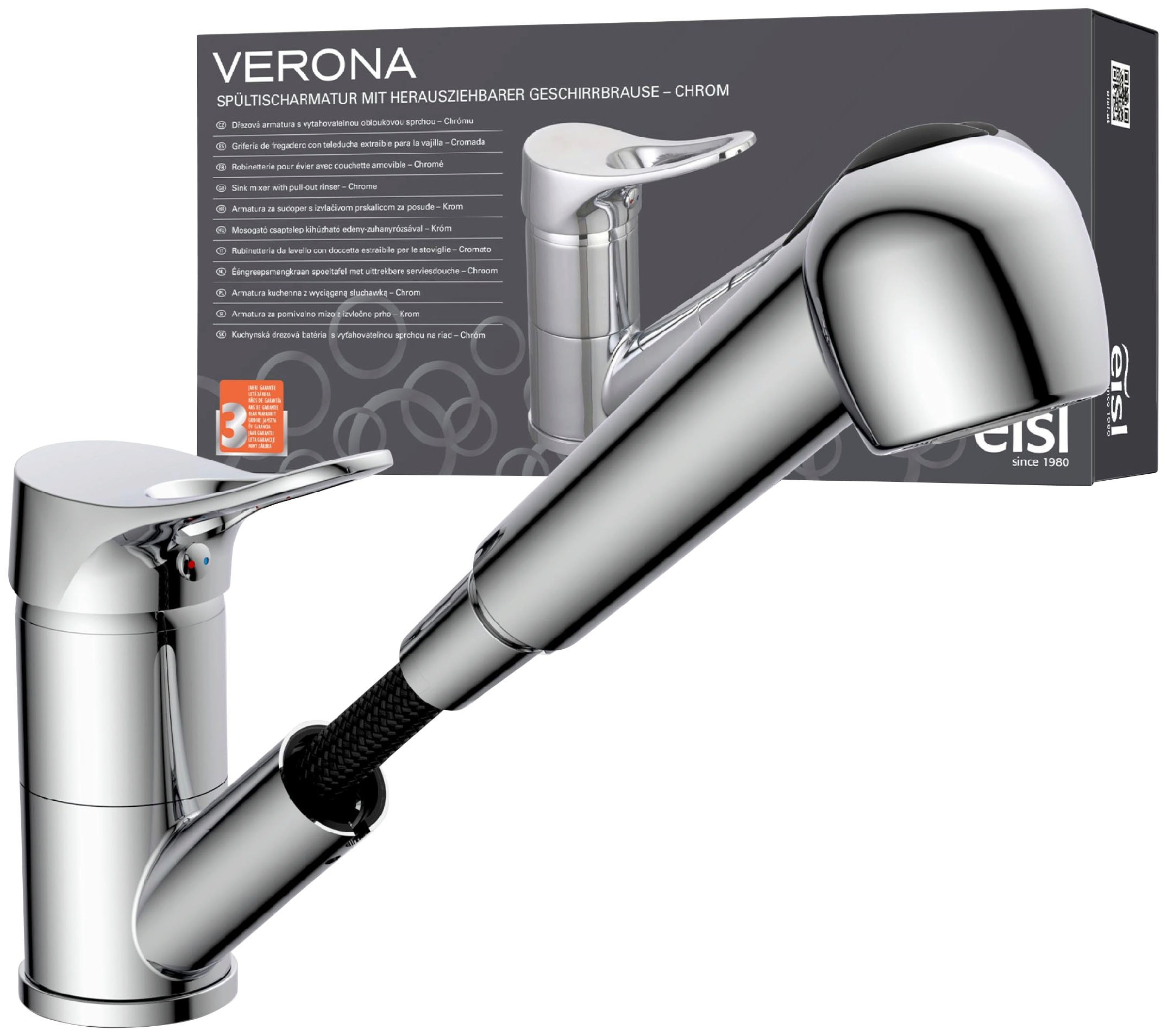 Spültischarmatur EISL, B:5,2cm H:17,2cm T:24cm, grau, Kunststoff, Messing, Küche, Armaturen, "Verona", mit Geschirrbrause, Wasserhahn ausziehbar, 360