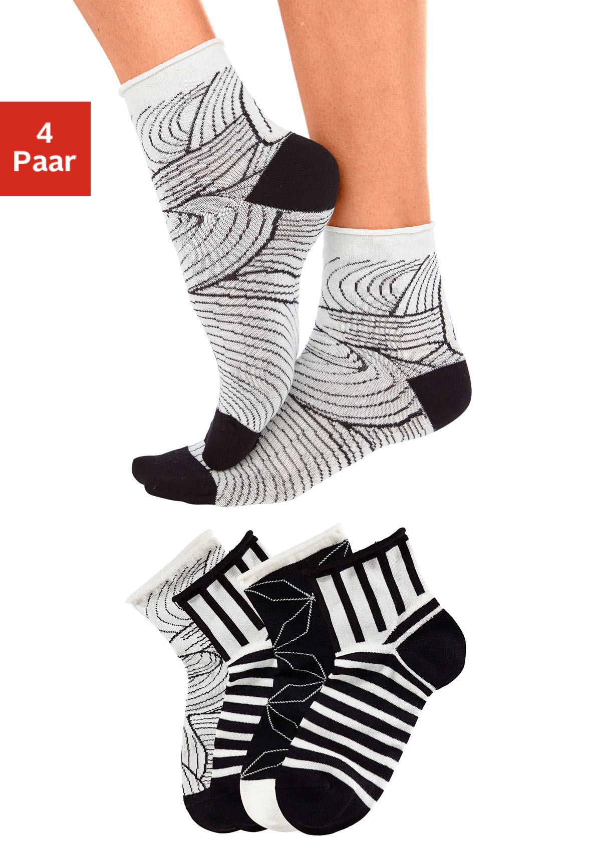 H.I.S Kurzsocken "Damen Socken, schwarz weiß gemustert, kurze Form" Packung, 4 Stk. tlg. in unterschiedlichen Designs