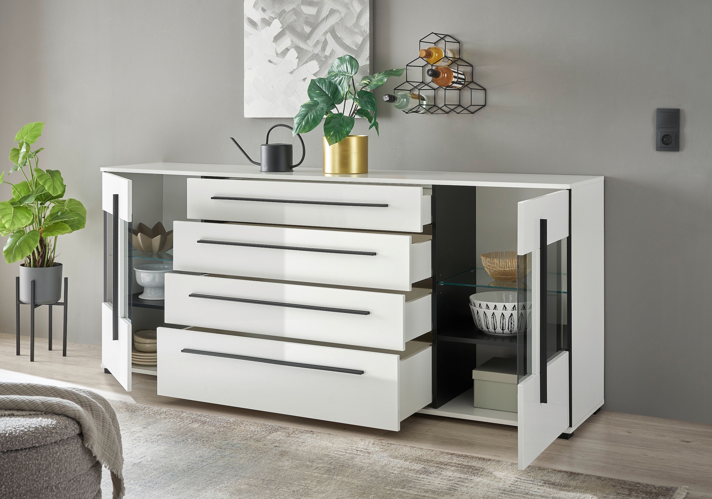 INOSIGN Sideboard »Cantara, moderner Schrank, Kommode in Eiche Evoke oder weiß«, schwarze Stangengriffe, ausreichend Stauraum, vielseitig einsetzbar