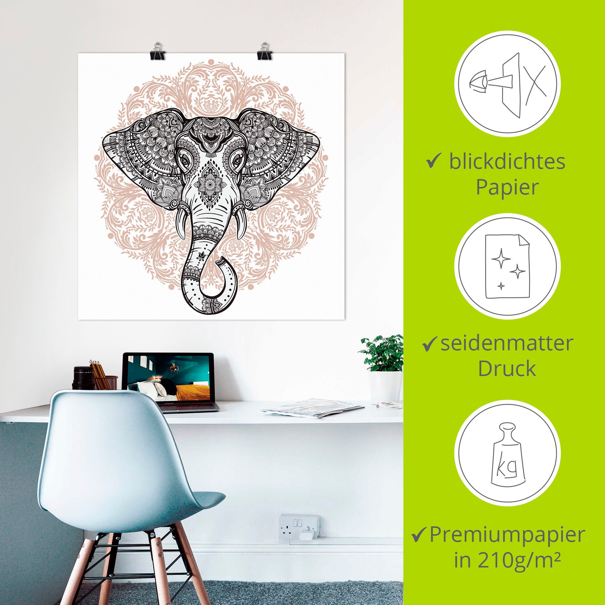 Artland Wandbild »Vintage Mandala Elefant«, Wildtiere, (1 St.), als Leinwandbild, Poster, Wandaufkleber in verschied. Größen