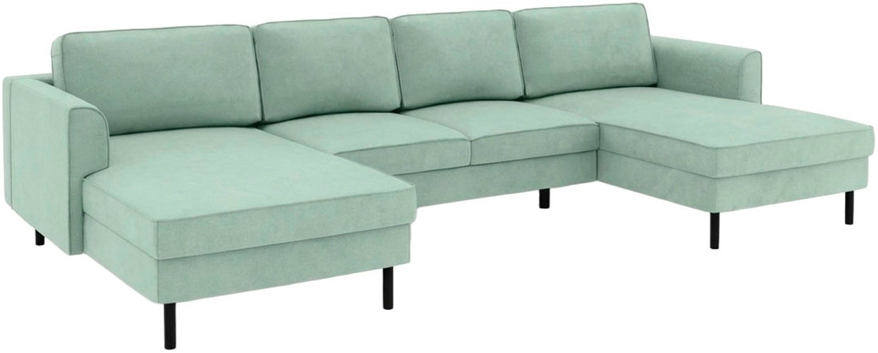 Home affaire Wohnlandschaft »Booster II, whlw. mit Schlaffunktion & Bettkasten, Fuß schwarz« Sofa in U-Form, Breite 305 cm, in Cord oder Struktur LEO o. LINO