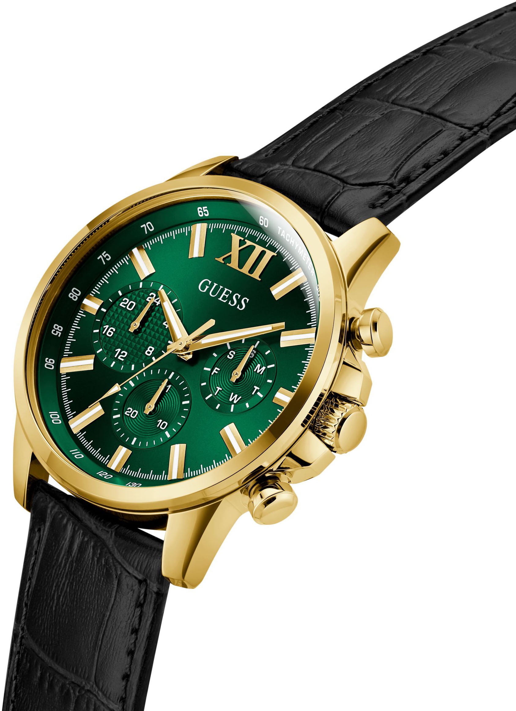 Guess Multifunktionsuhr »WALKER«, Quarzuhr, Armbanduhr, Herrenuhr, Datum, Wochentag, Lederarmband