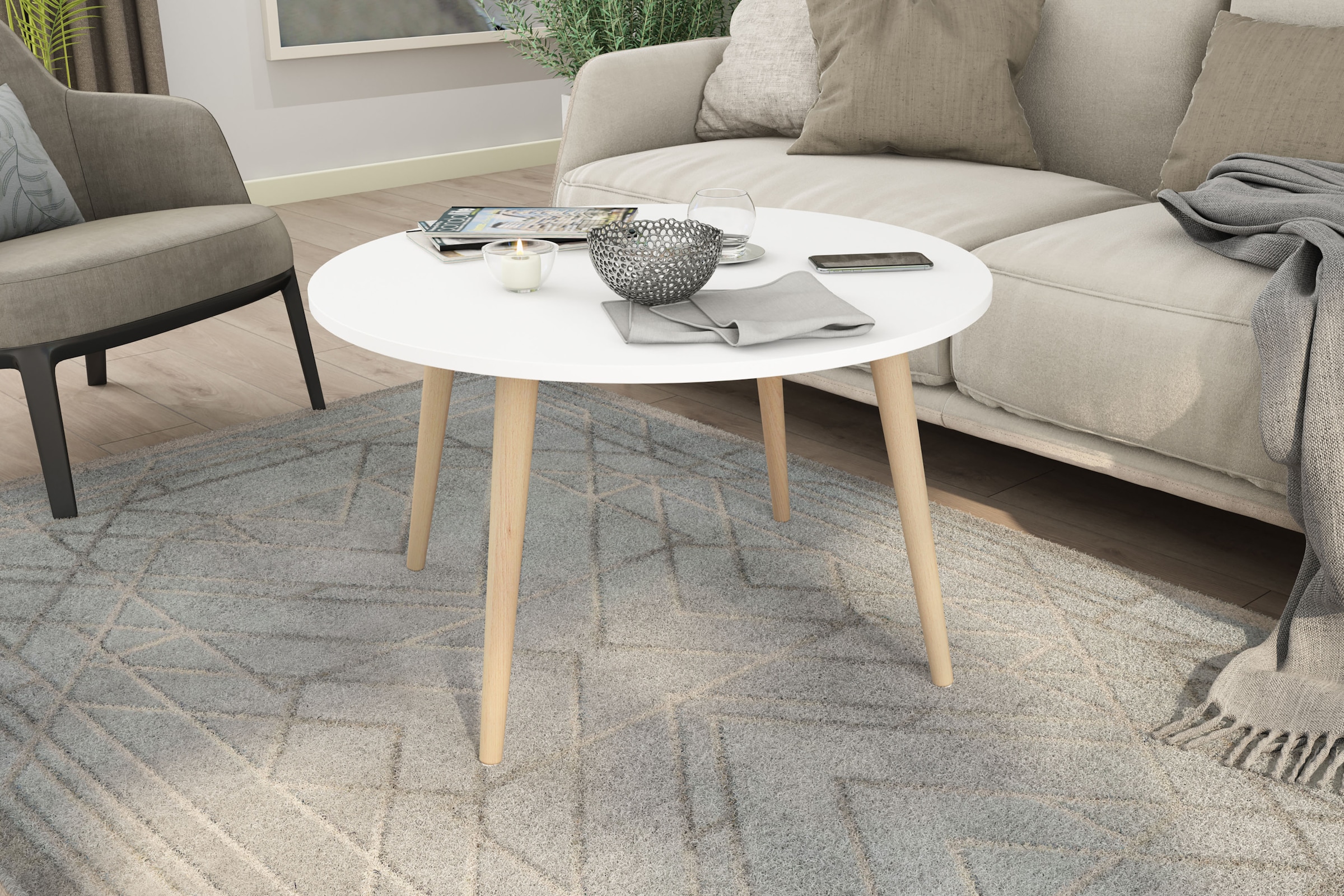 byLIVING Couchtisch »LASSE« Tischplatte weiß, Gestell Buche natur, Breite: 80 cm