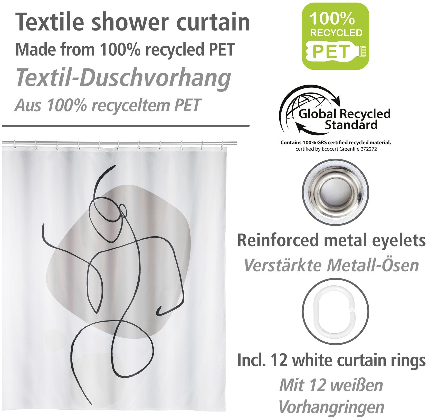 Thumbnail - WENKO Duschvorhang "Ladyline" Breite 180 cm Höhe 200 cm, mit One-Line-Design