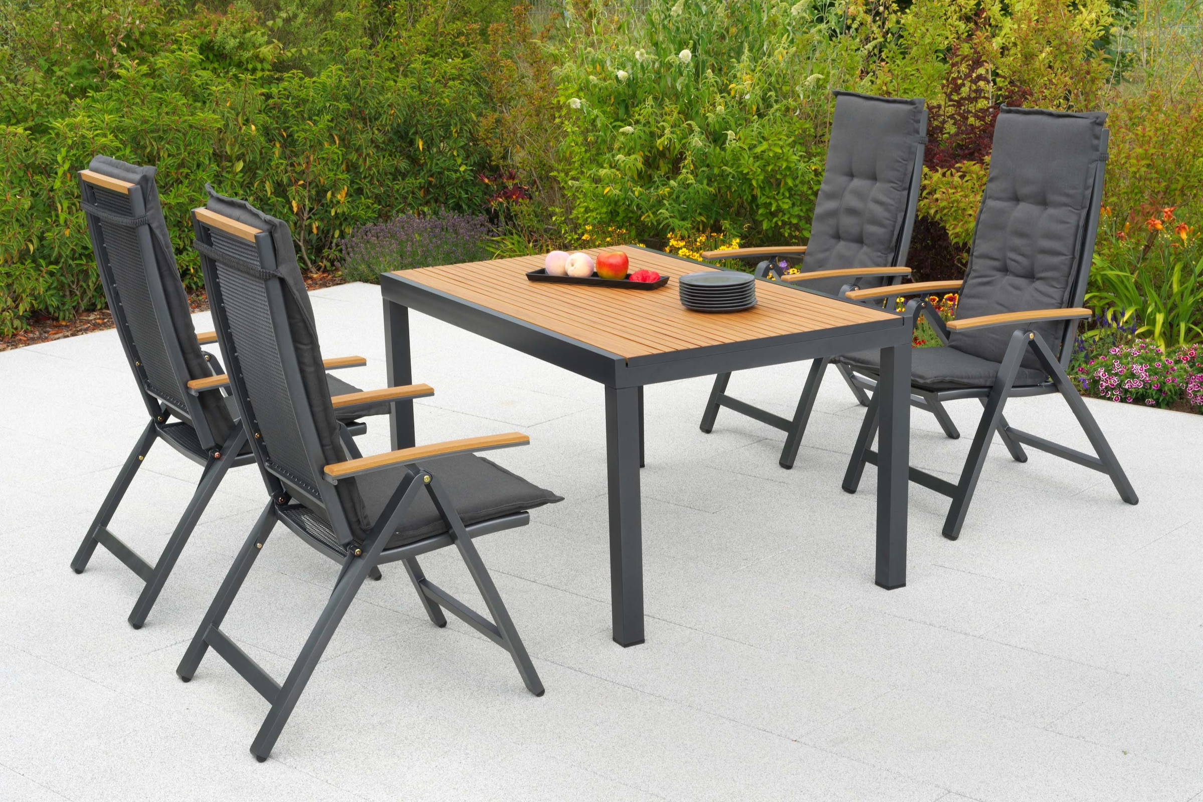 MERXX Garten-Essgruppe »Itanos« Set, 9 tlg. inkl. 4 Klappsessel, 4 Auflagen, 1 Tisch