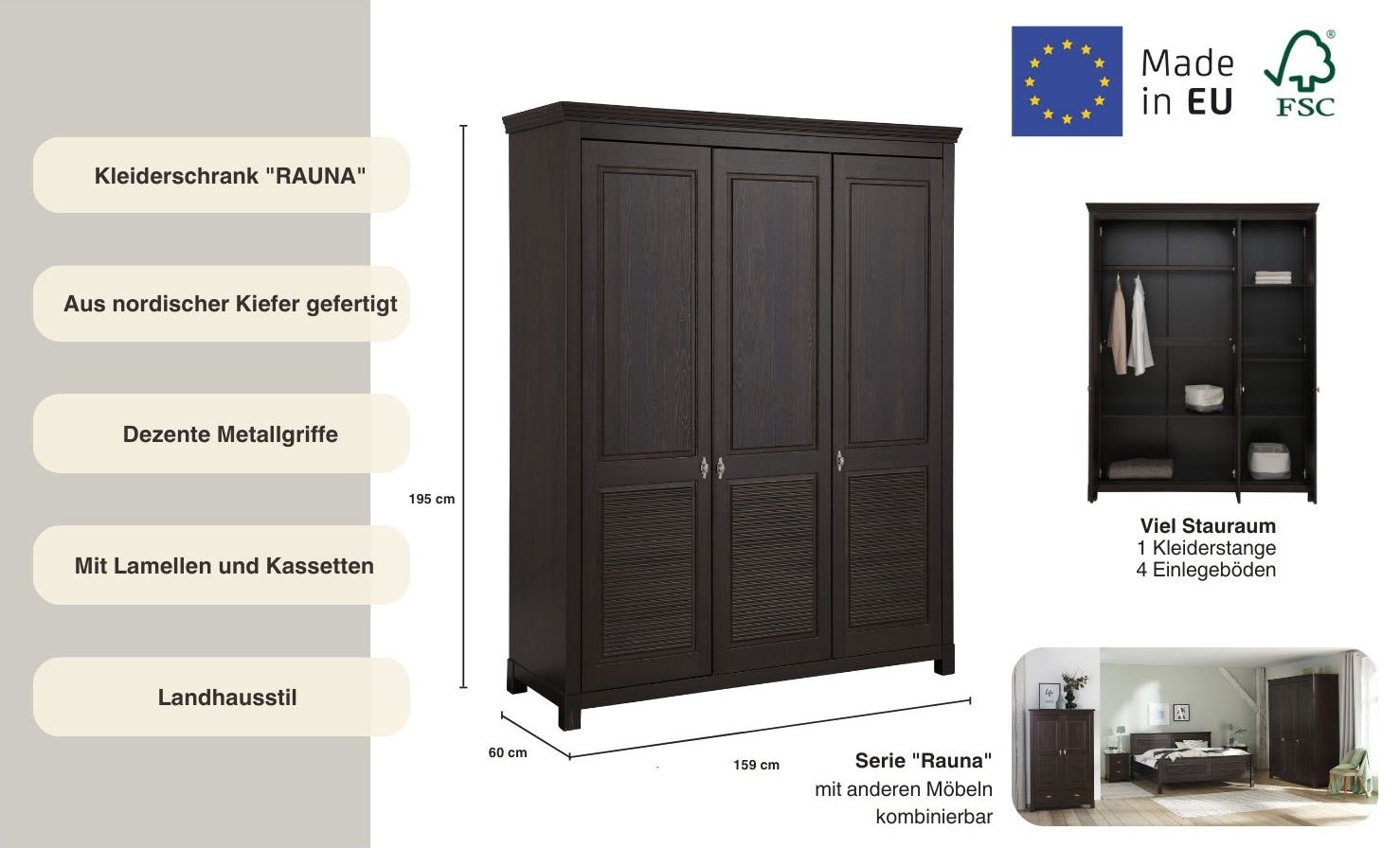 Home affaire Kleiderschrank »Rauna, mit Lamellen und Kassetten, klassischer Landhausstil, rustikal«, (2 Breiten: 113/159 cm H/T ca. 195/60 cm), massive Kiefer, Metallgriffe, mehrere Varianten, zeitloses Design
