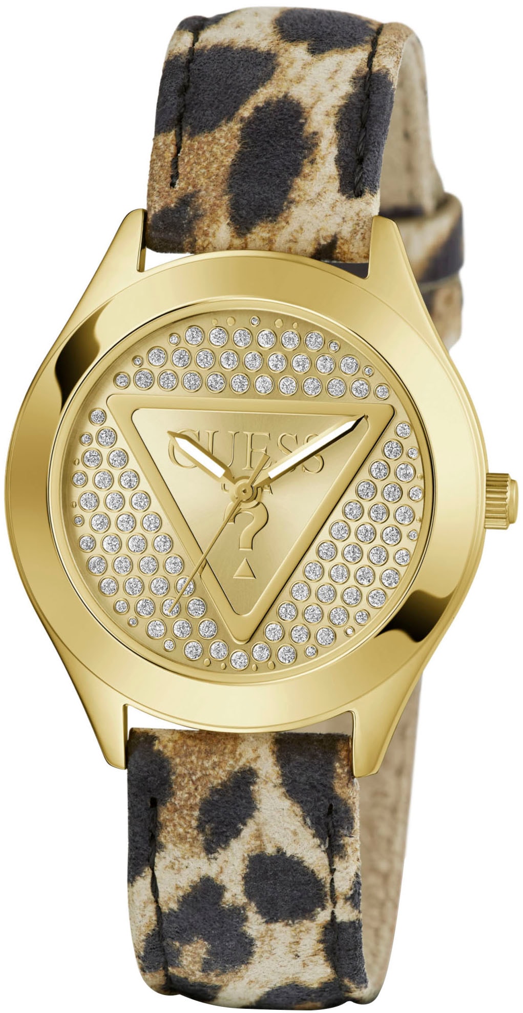 Guess Quarzuhr »GLITZ PLAQUE«, Armbanduhr, Damenuhr, Lederarmband