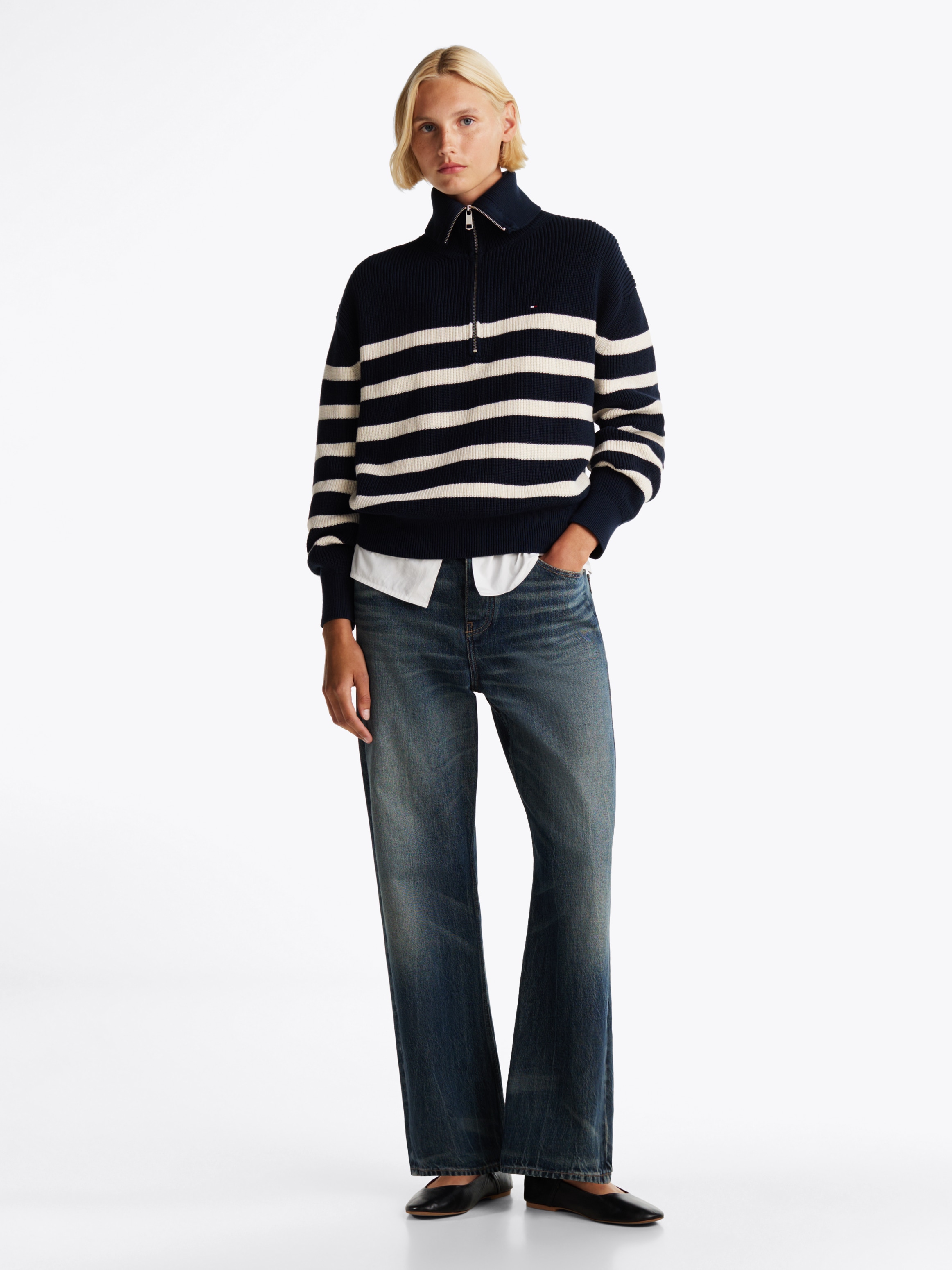 Tommy Hilfiger Troyer »CO CARDI STITCH 1/2 ZIP SWEATER«, mit kurzem Zipper, Streifendessin