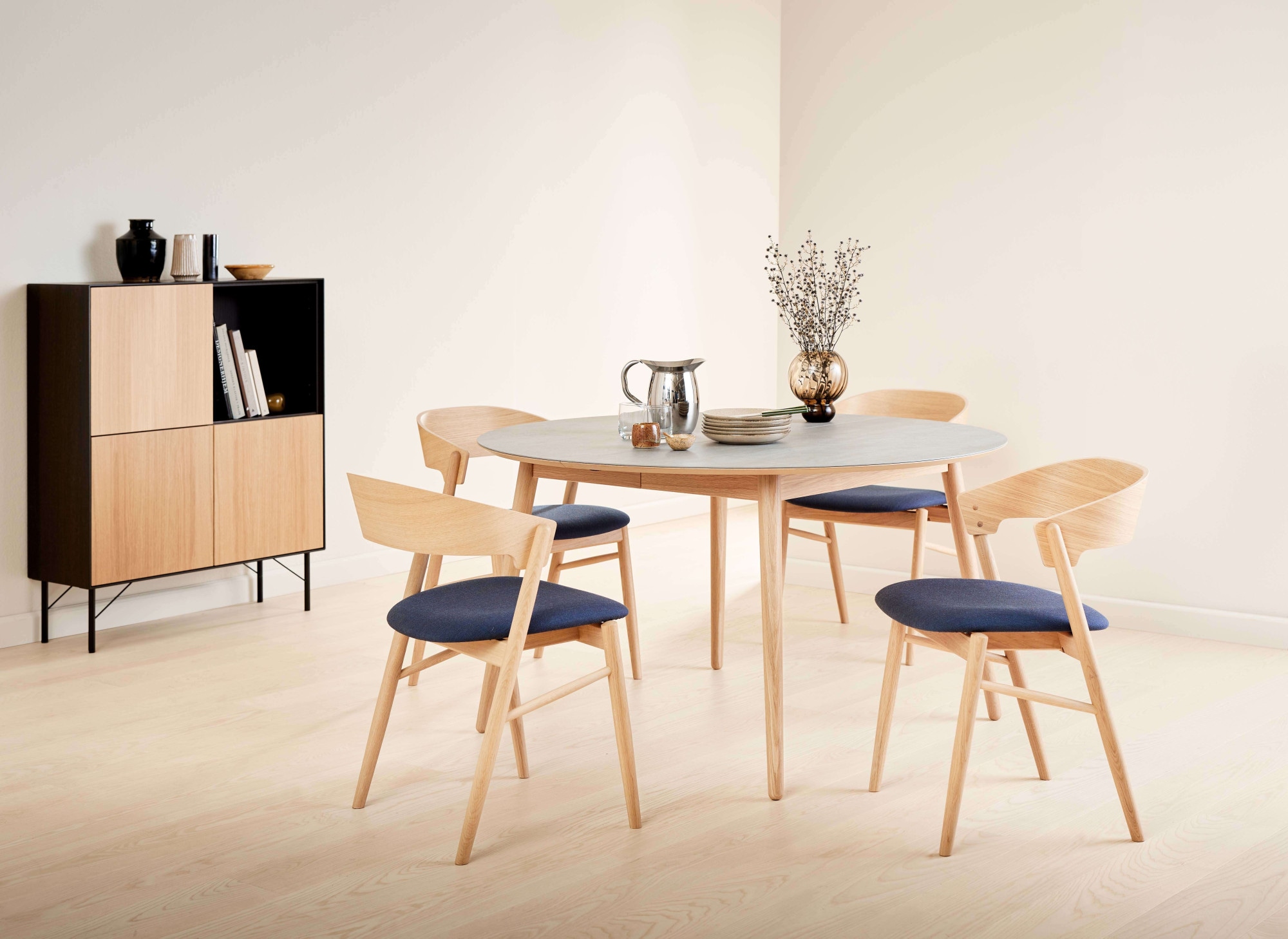 Hammel Furniture Esstisch »Meza Designtisch mit Auszugsfunktion und 2 Einlegeplatten«, runde Tischplatte aus Keramik, Massivholzgestell