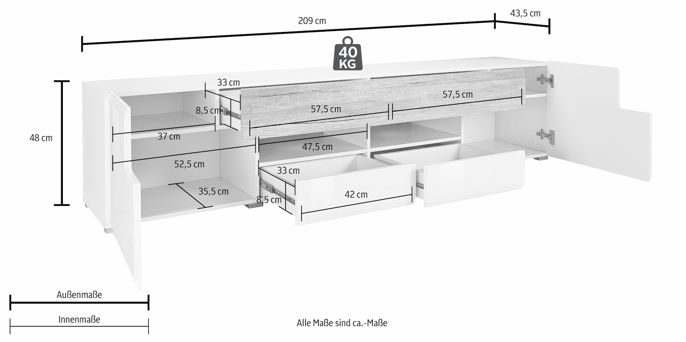 INOSIGN Lowboard »Toledo,Breite 209cm, trendige TV-Schrank mit dekorative Fräsungen«, TV-Board ohne Beleuchtung, TV-Kommode mit viel Stauraum