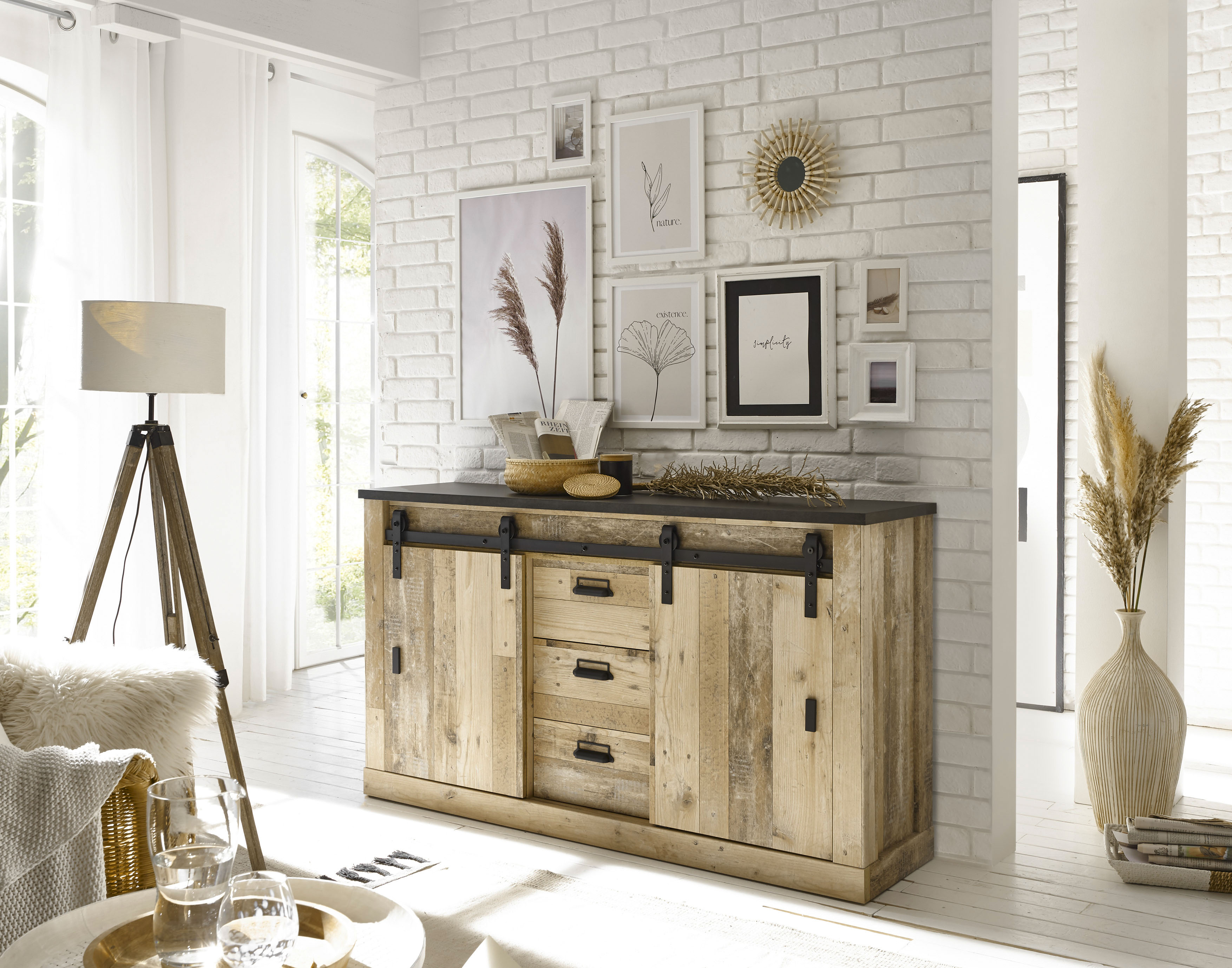 Home affaire Sideboard "Sherwood, Kommode im Industrial-Style, Schrank, Stauraumelement" mit Scheunentorbeschlag & Apothekergriffen, in 2 Farben erhältlich
