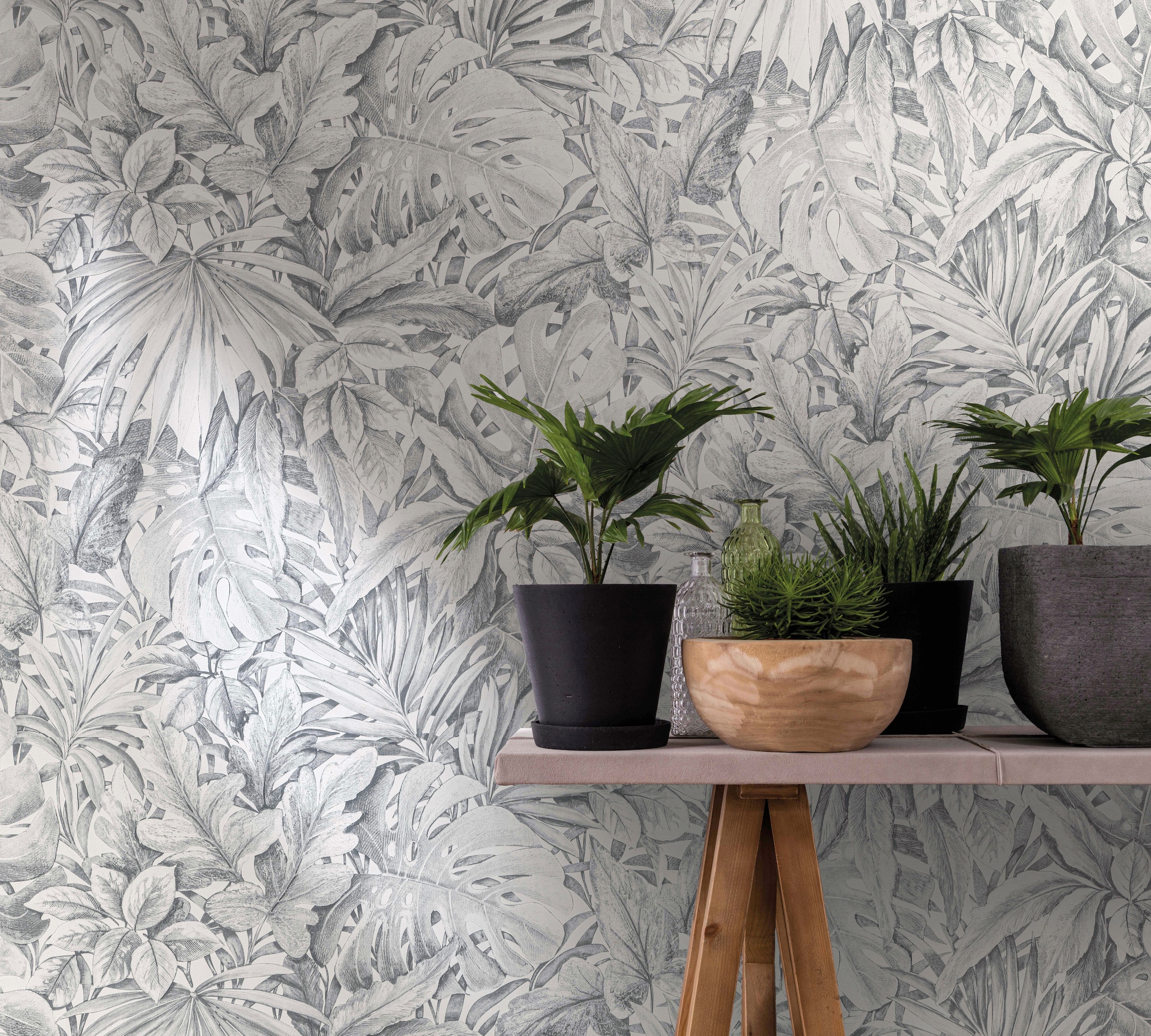 Marburg Vliestapete, matt-botanisch-floral, Blattmuster, moderne Tapete für Wohnzimmer Schlafzimmer Küche