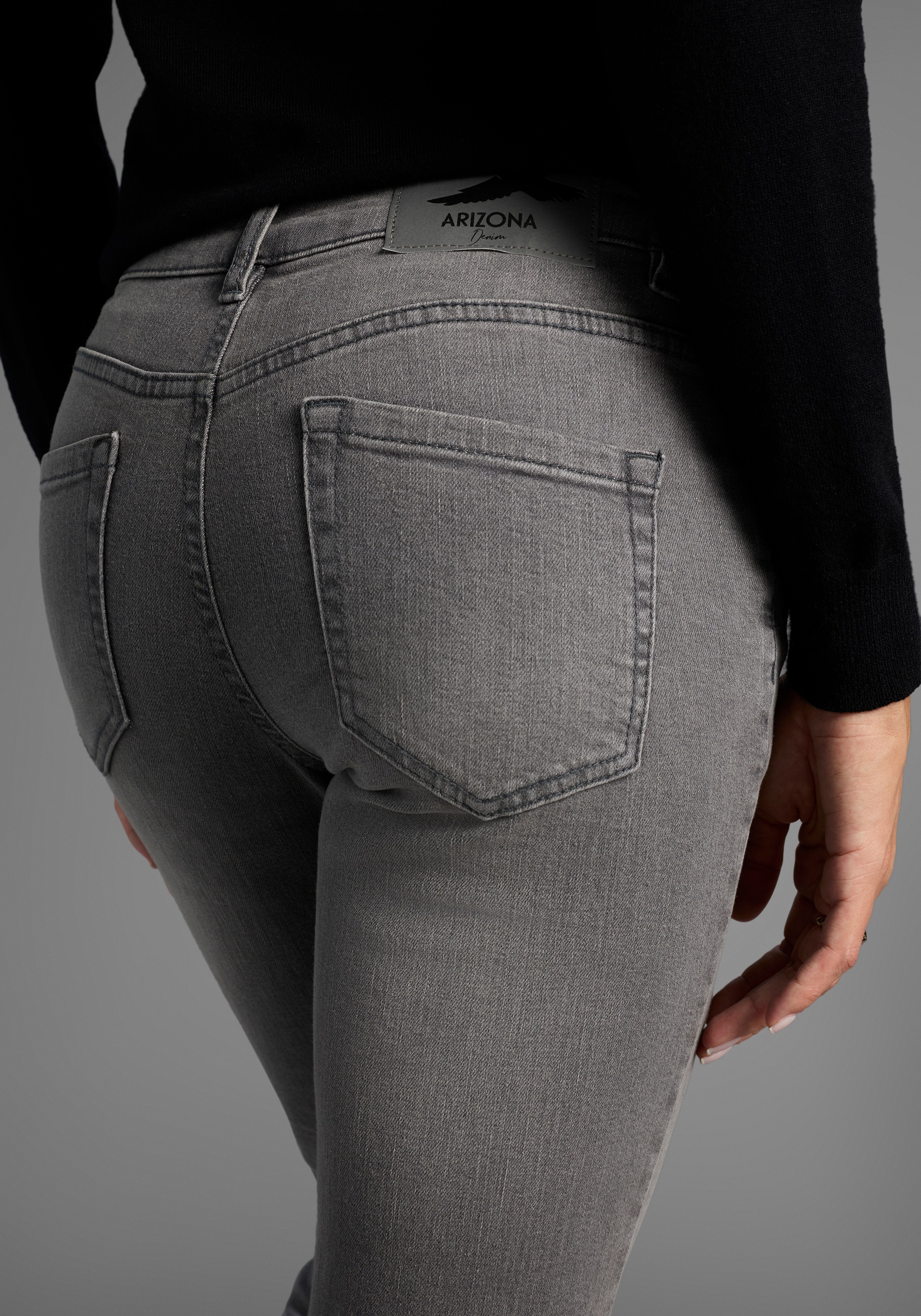 Slim-fit-Jeans ARIZONA "Bund mit seitlichem Gummizugeinsatz", Damen, Gr. 80, K + L Gr, grau (grau used), Denim/Jeans, Obermaterial: 98% Baumwolle, 2% Elasthan, Basic, slim fit lang, Jeans Slim-fit-Jeans, schmale Passform, Röhrenjeans, Used-Waschung, hohe  2
