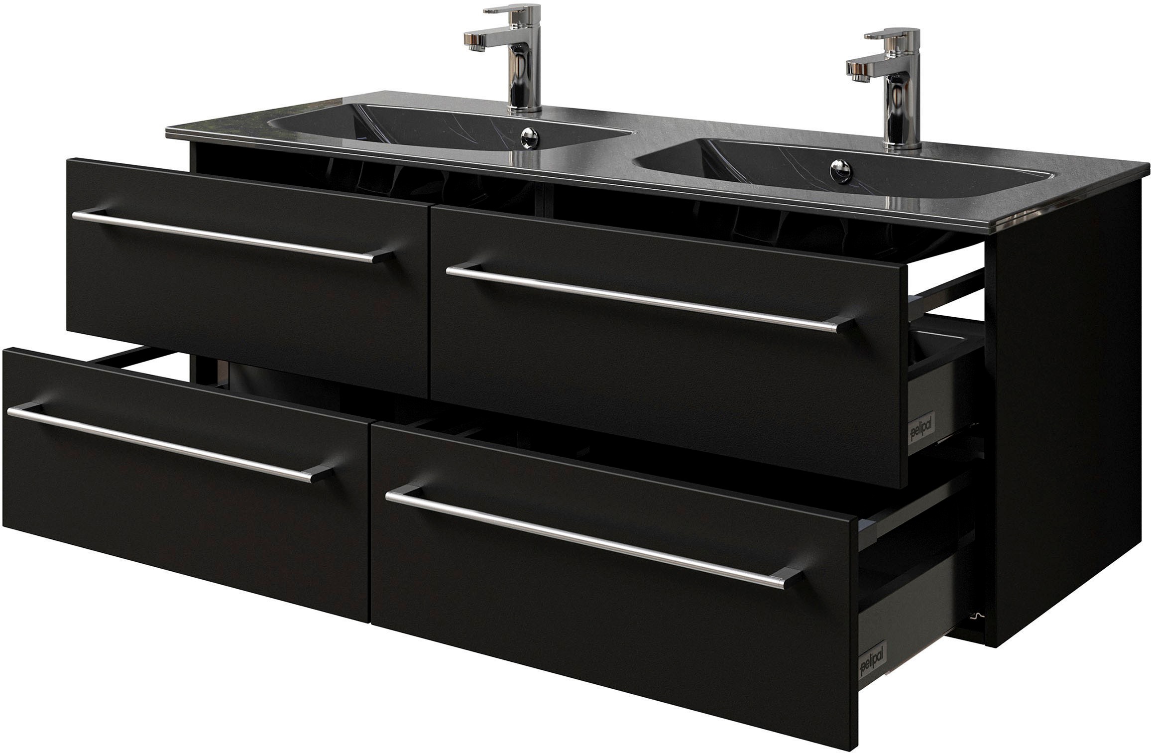 Saphir Badmöbel-Set »Serie 6025 2-teilig Mineralmarmor-Waschtisch mit LED-Spiegelschrank«, (2 St.), Waschplatz 132cm breit, 4 Schubladen, 2 Spiegel-Türen, inkl Türdämpfer