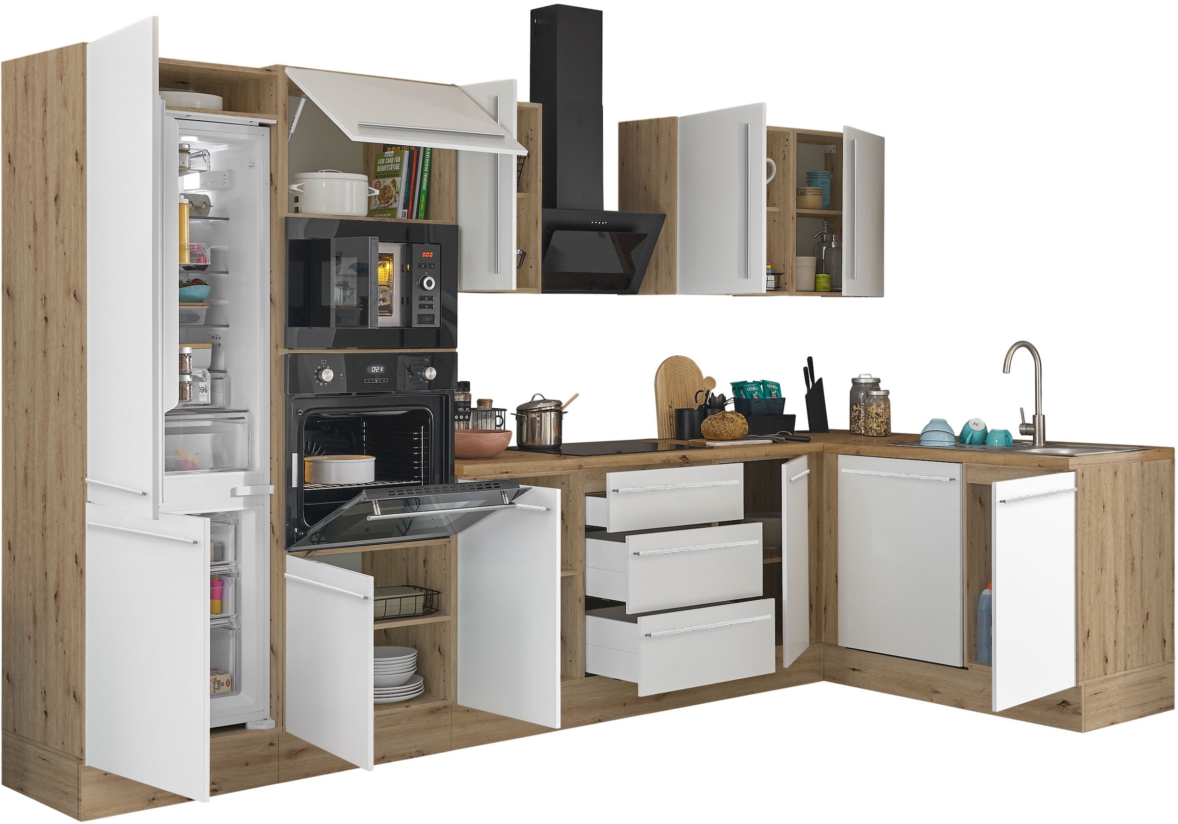 KOCHSTATION Winkelküche »Florida, Stellbreite 340x175 cm«, wahlweise mit E-Geräten, mit Softclose für Türen und Schubkästen