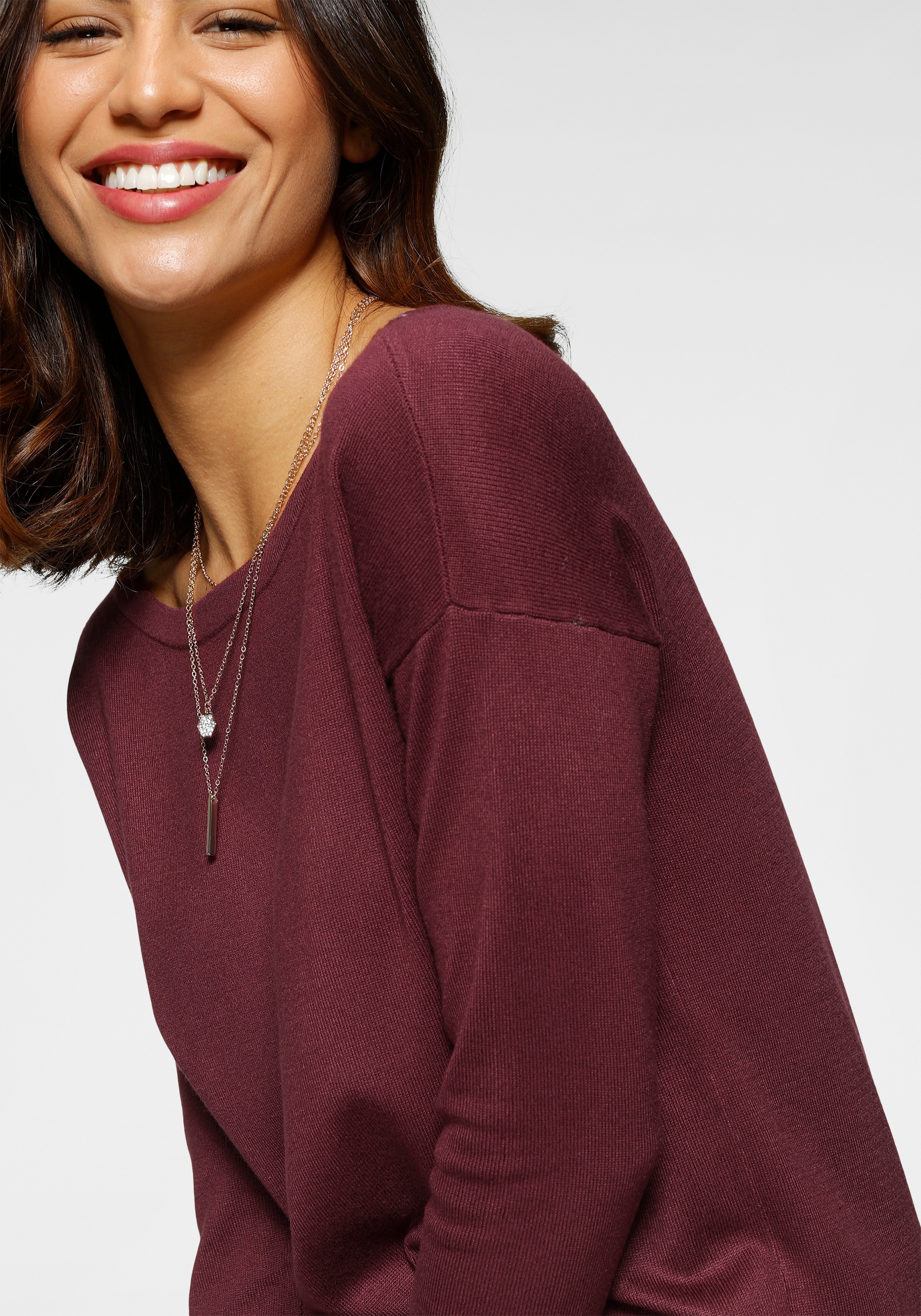 Longpullover LAURA SCOTT, Damen, Gr. 48, rot (rotbraun), Feinstrick, Obermaterial: 70% Viskose, 30% Polyamid, meliert, unifarben, Basic, lässig geschnitten, Rundhals, Pullover Longpullover, Feinstrick mit U-Boot Ausschnitt und seitlichem Schlitz 3