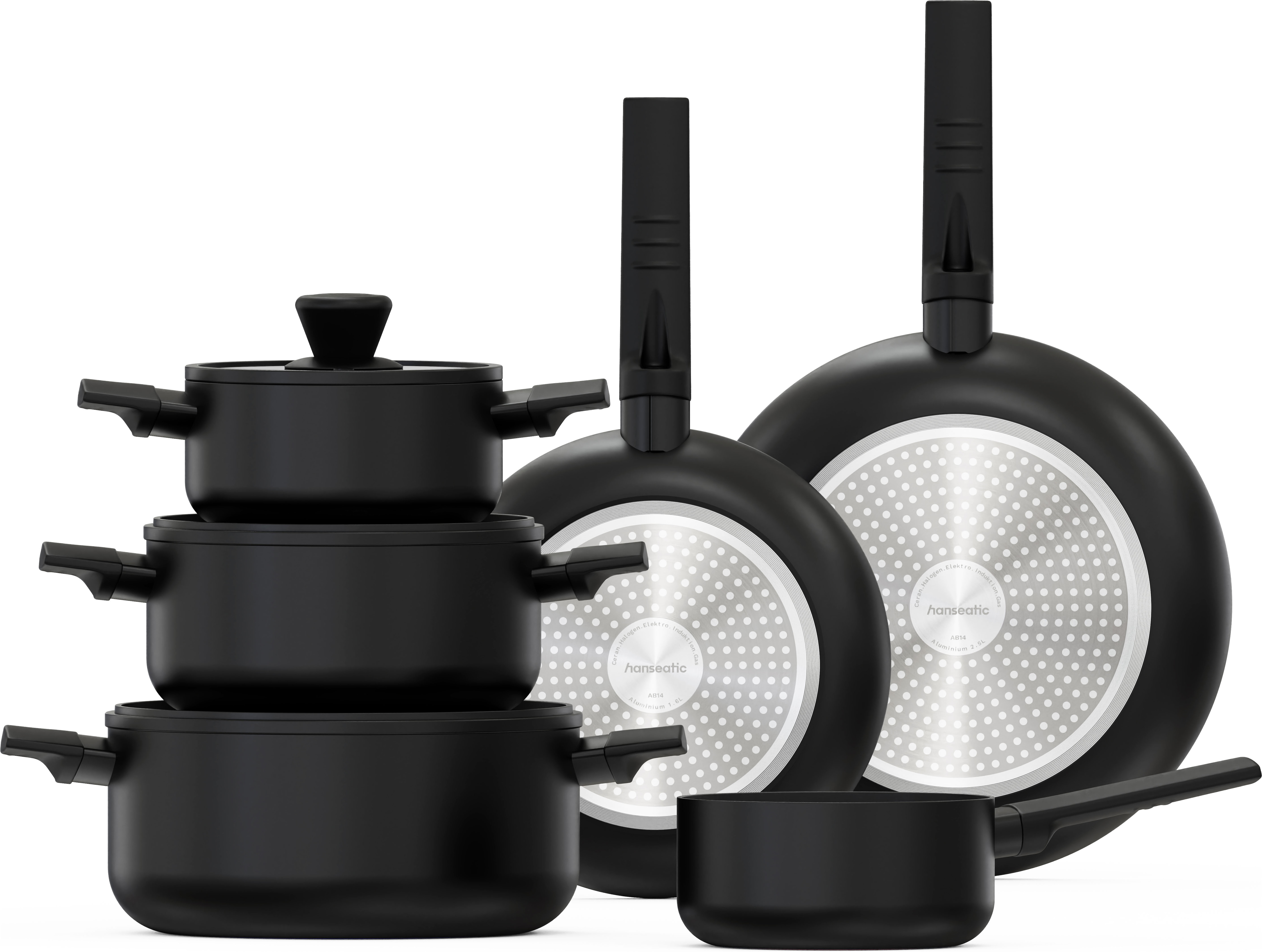 Hanseatic "ALU SCANDI, mit Antihaftbeschichtung" Set, Stielkasserolle 16 cm, Kochtopf 16/20/24 cm, Bratpfanne 24/28 cm, 9 tlg. Aluminium