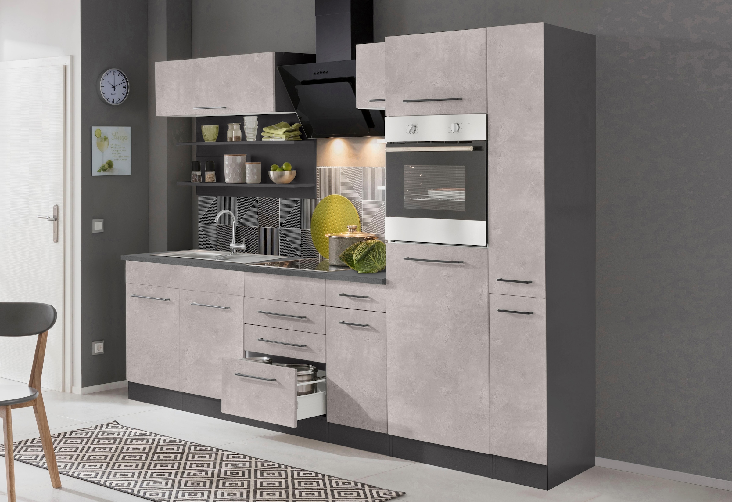 KOCHSTATION Küchenzeile »KS-Tulsa«, mit E-Geräten, Breite 270 cm, schwarze Metallgriffe, MDF Fronten
