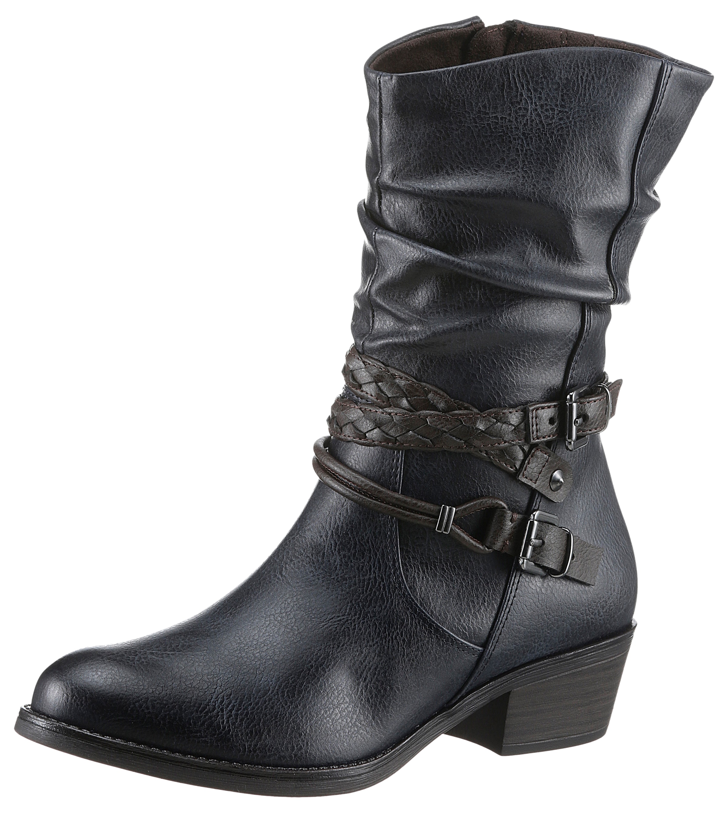 Cowboy Stiefelette, Blockabsatz, Kurzstiefel, Westernstiefelette mit Flecht-Zierriemchen