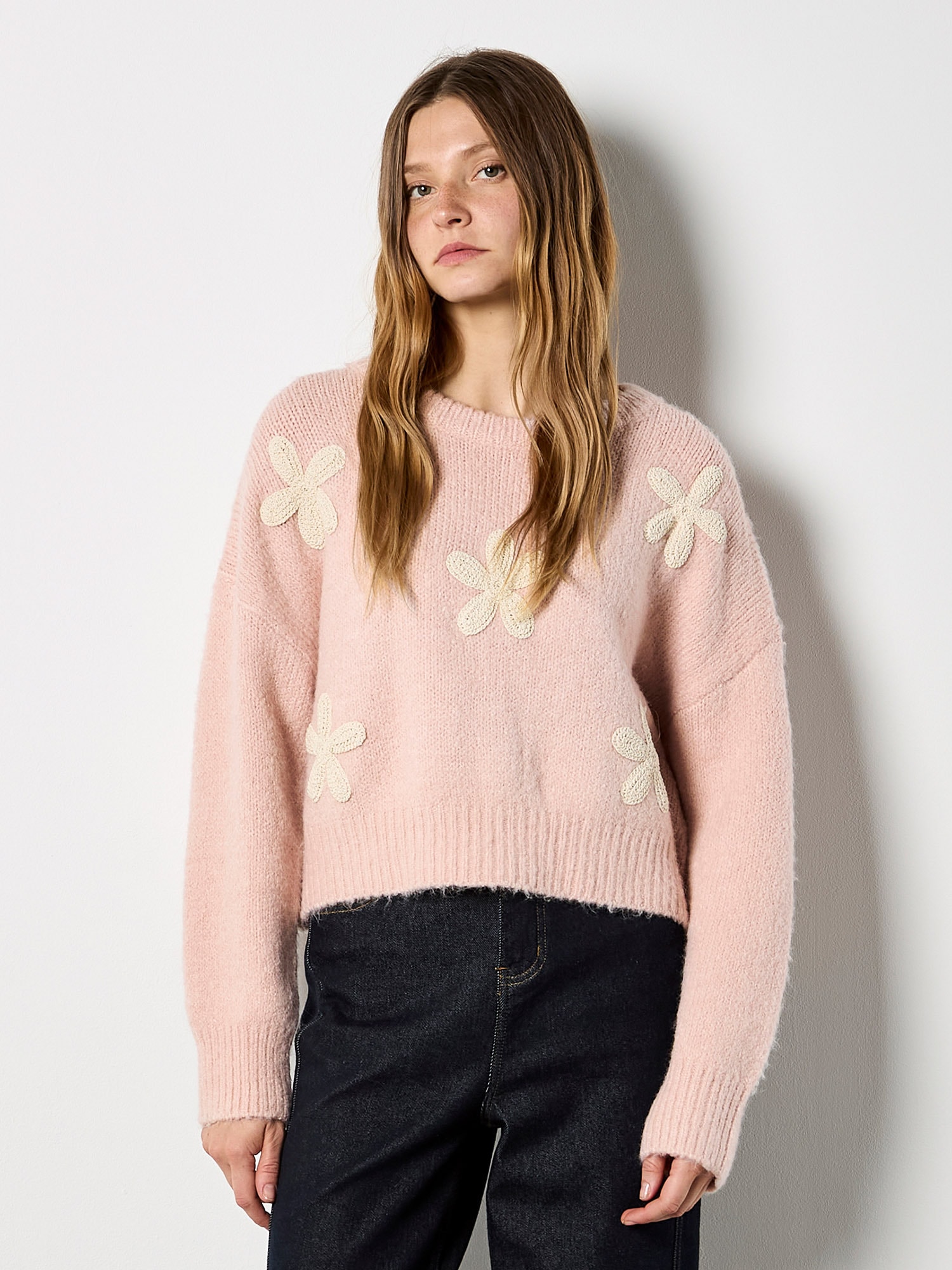 Apricot Strickpullover "Strickpullover" mit Gänseblümchen-Applikation