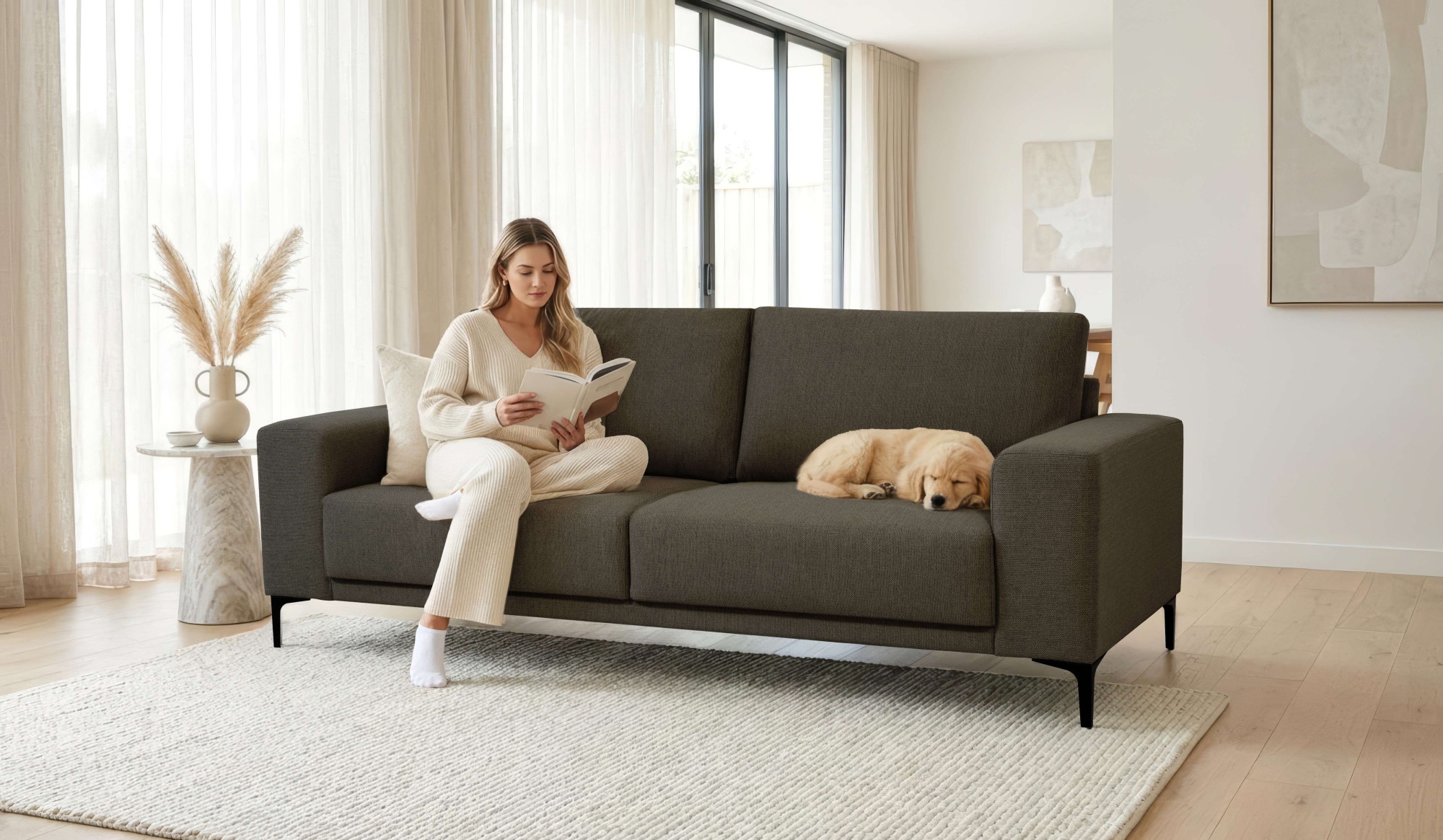 OTTO home 3-Sitzer "Xander" Breite 224 cm, Soft-Touch Chenille, schwarze Metallfüße