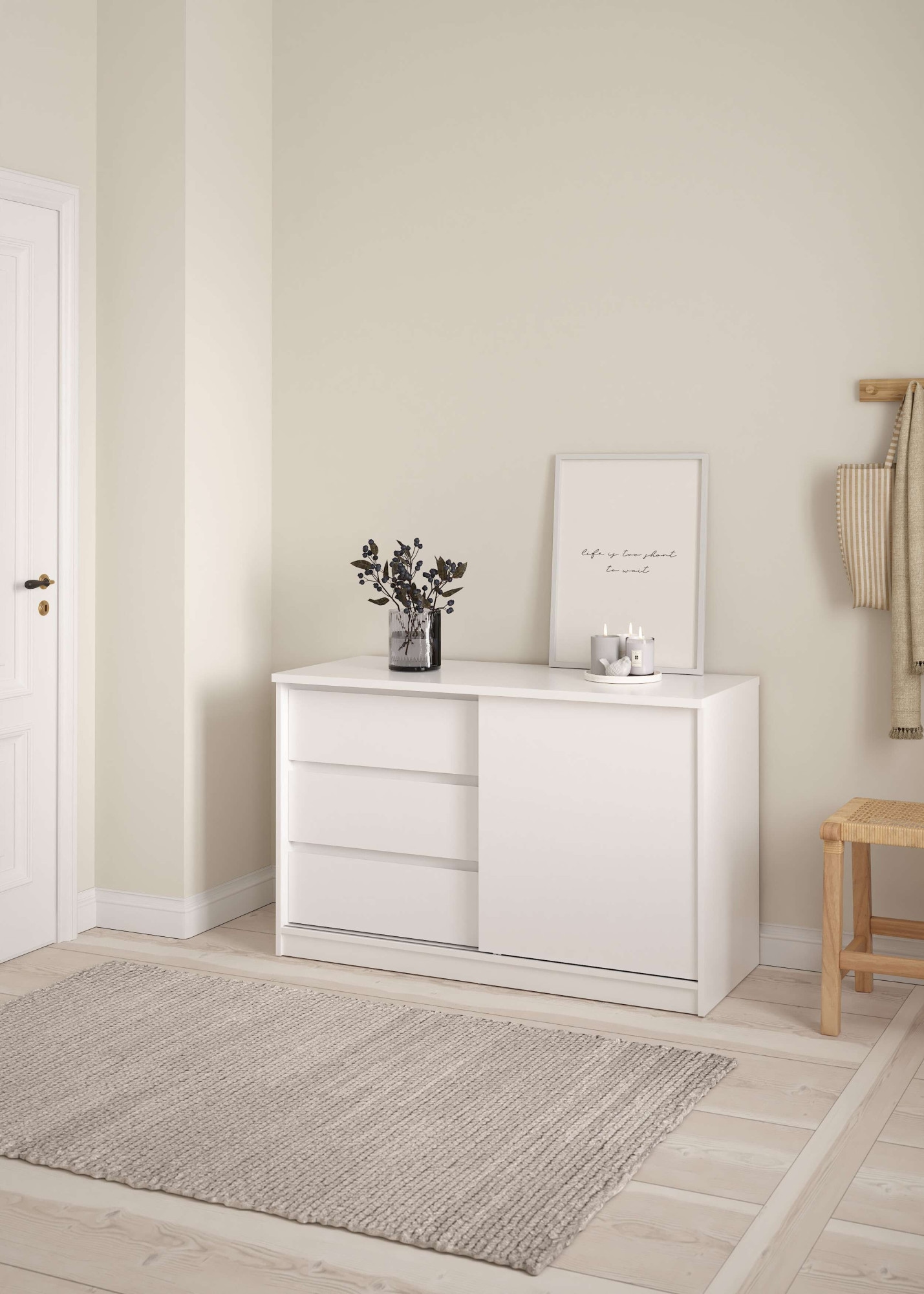 Home affaire Sideboard "Naia Aufbewahrung, Schuhkommode, Stauraumkommode, Schuhschrank," Kommode mit 1 Schiebetür und 3 Schubladen, Breite 119 cm, Höhe 76 cm