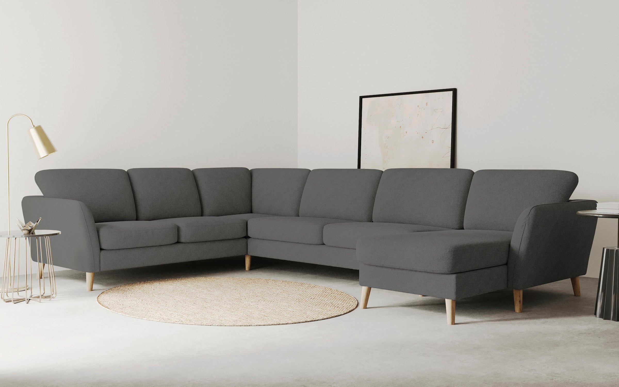 OTTO home Wohnlandschaft "MARSEILLE XXL 349cm, U-Form, Ottomane rechts/links wählbar" Massivholzbeine Eiche, Landhausstil, Wellenunterfederung