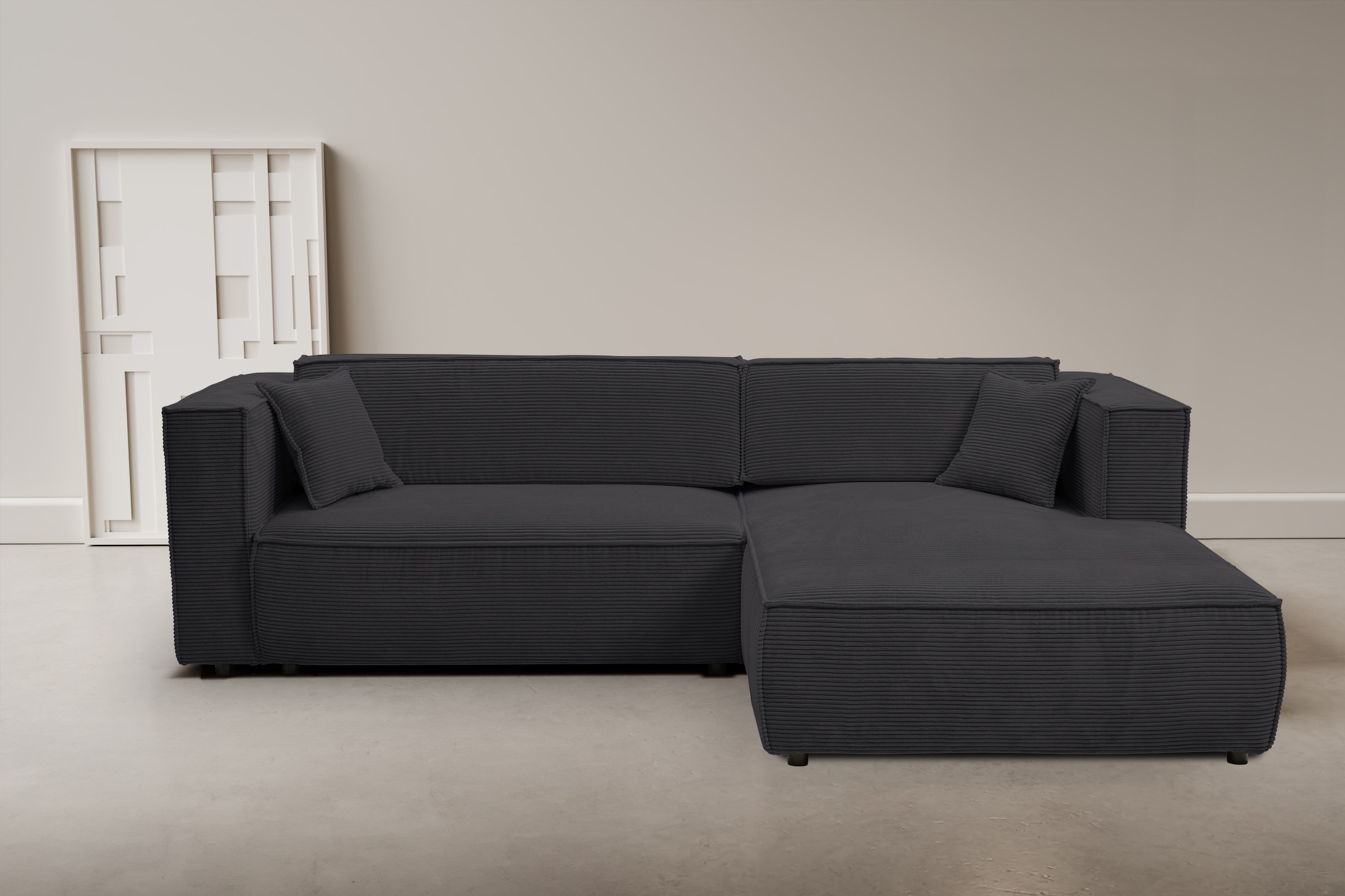 WERK2 Ecksofa "Atlanta-New 295 x 182 cm modern und bequem" Cord, L-Form, XXL, Schlaffunktion, Bettkasten