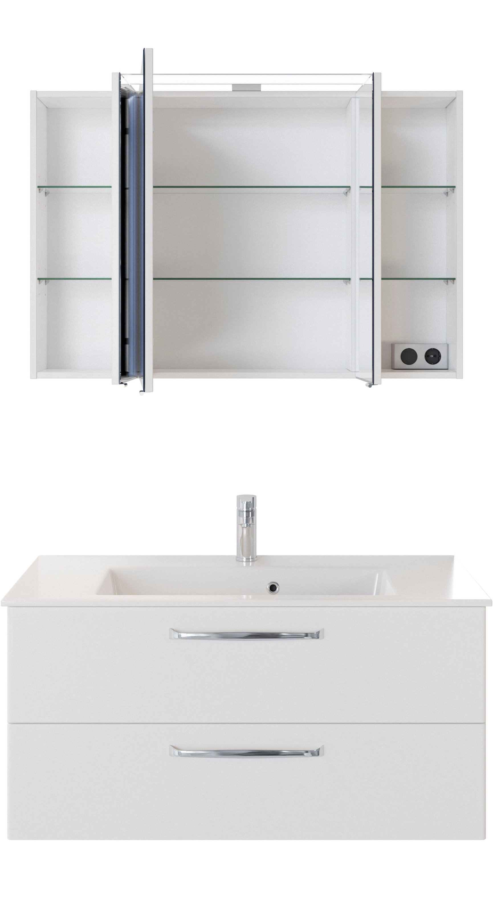 Saphir Badmöbel-Set »Trentino 2-tlg Mineralmarmor-Waschtisch, Spiegelschrank mit LED-Profil«, (3 St.), Badmöbel-Set 110cm breit, inkl. Türdämpfer, 3 Türen, 2 Auszügen