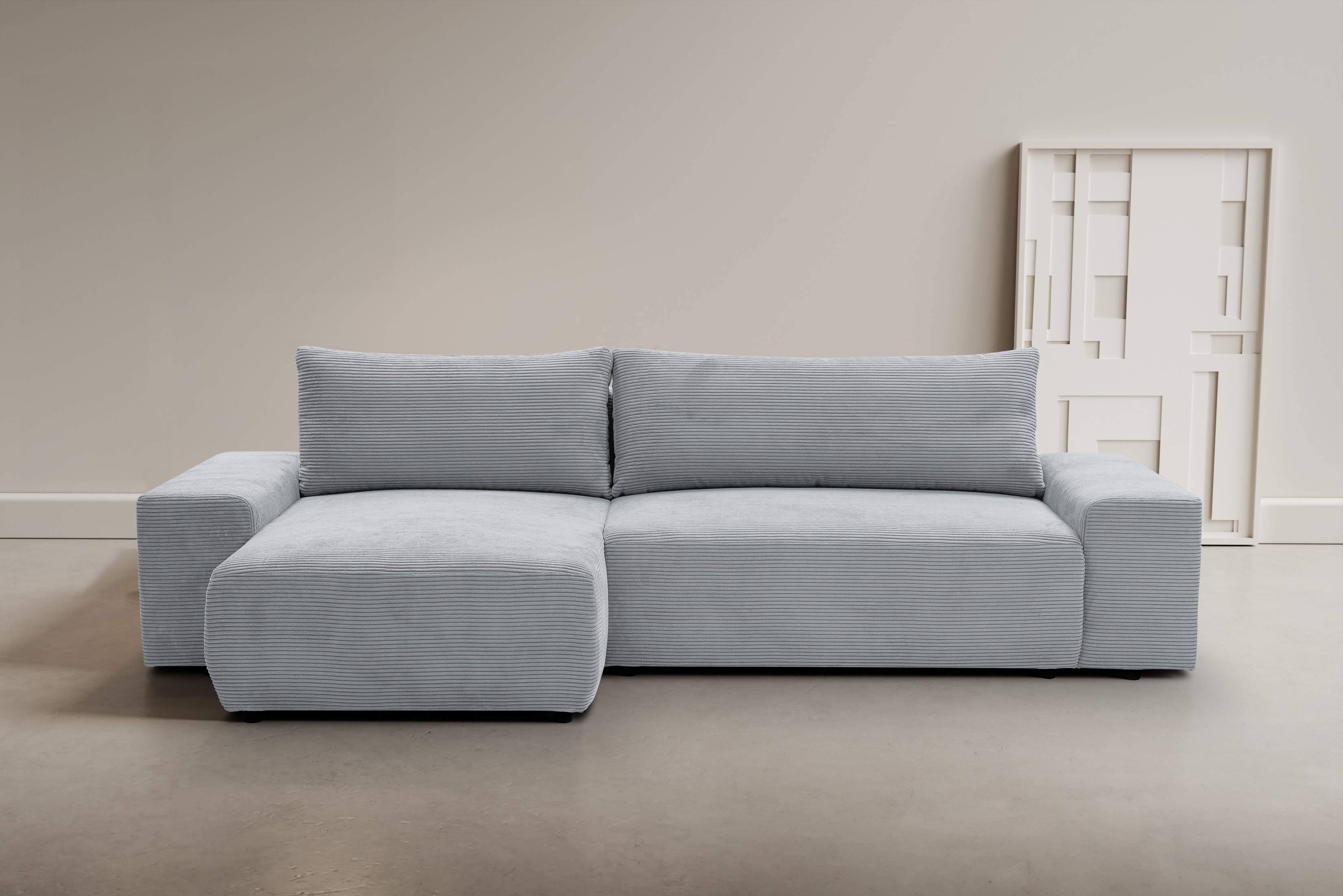 WERK2 Ecksofa "Amsterdam 300 x 150 cm modern und bequem" Cord, L-Form, XXL, Schlaffunktion, Bettkasten