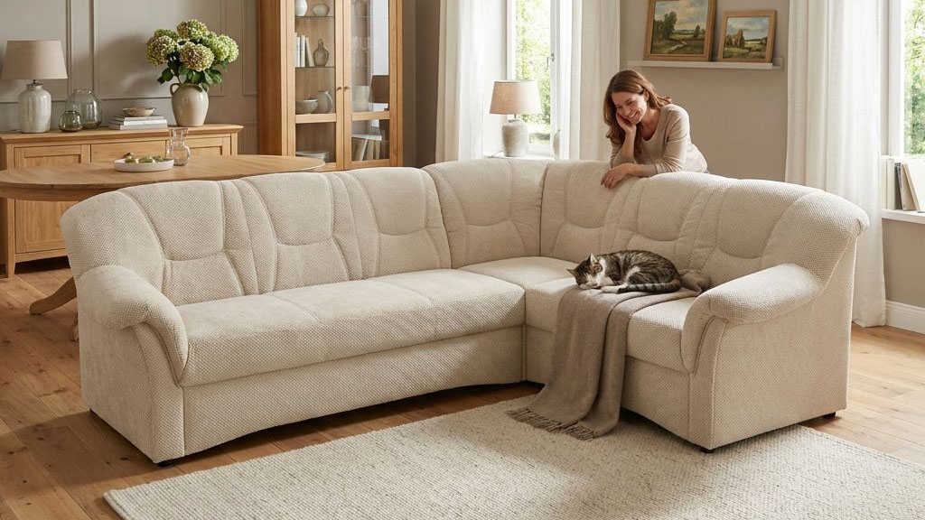 OTTO home Ecksofa "Langelland 232 x 146 cm, auch mit Schlaffunktion, mittelfester Sitz" L-Form, mit Federkern, pflegeleichter Pet Friendly Bezugsstoff