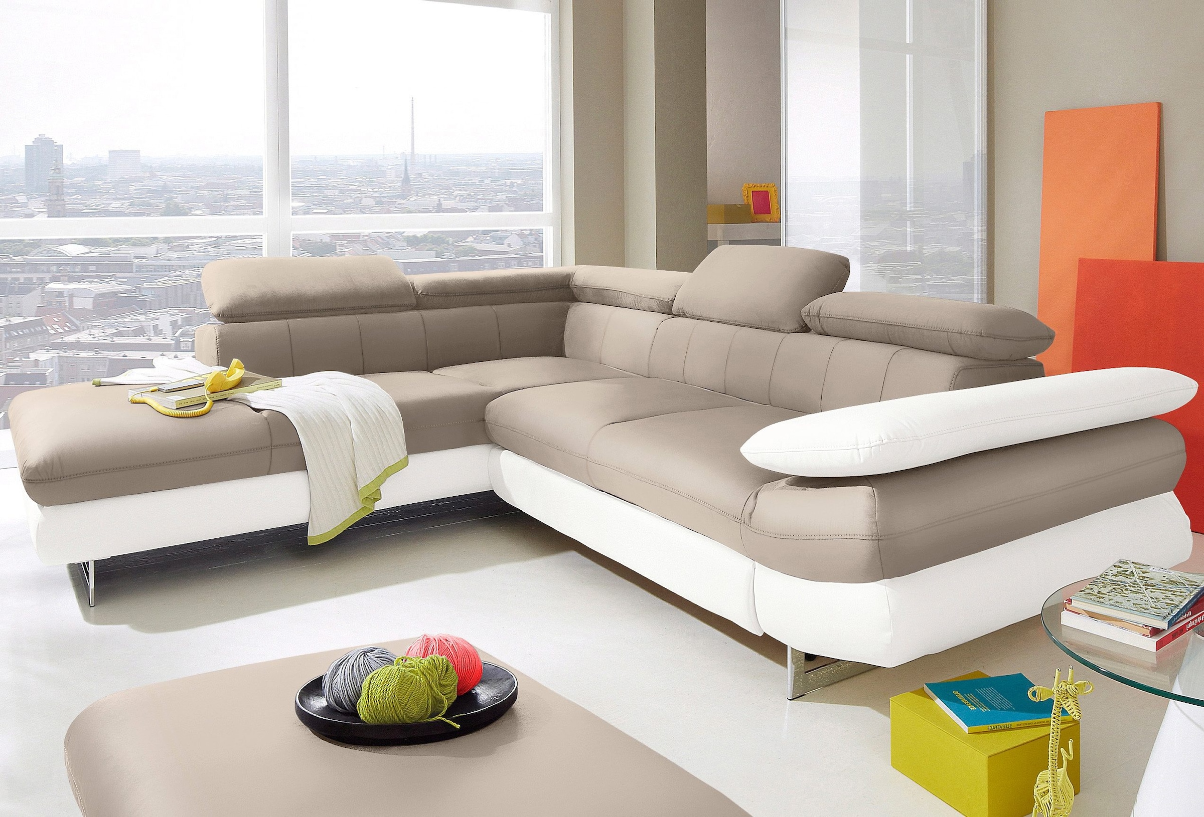 COTTA Ecksofa "Solution L-Form, Design Sofa, bequeme Wellenunterfederung, Design Fuß" mit Arm- & Kopfteilverstellung, wahlweise mit Schlaffunktion