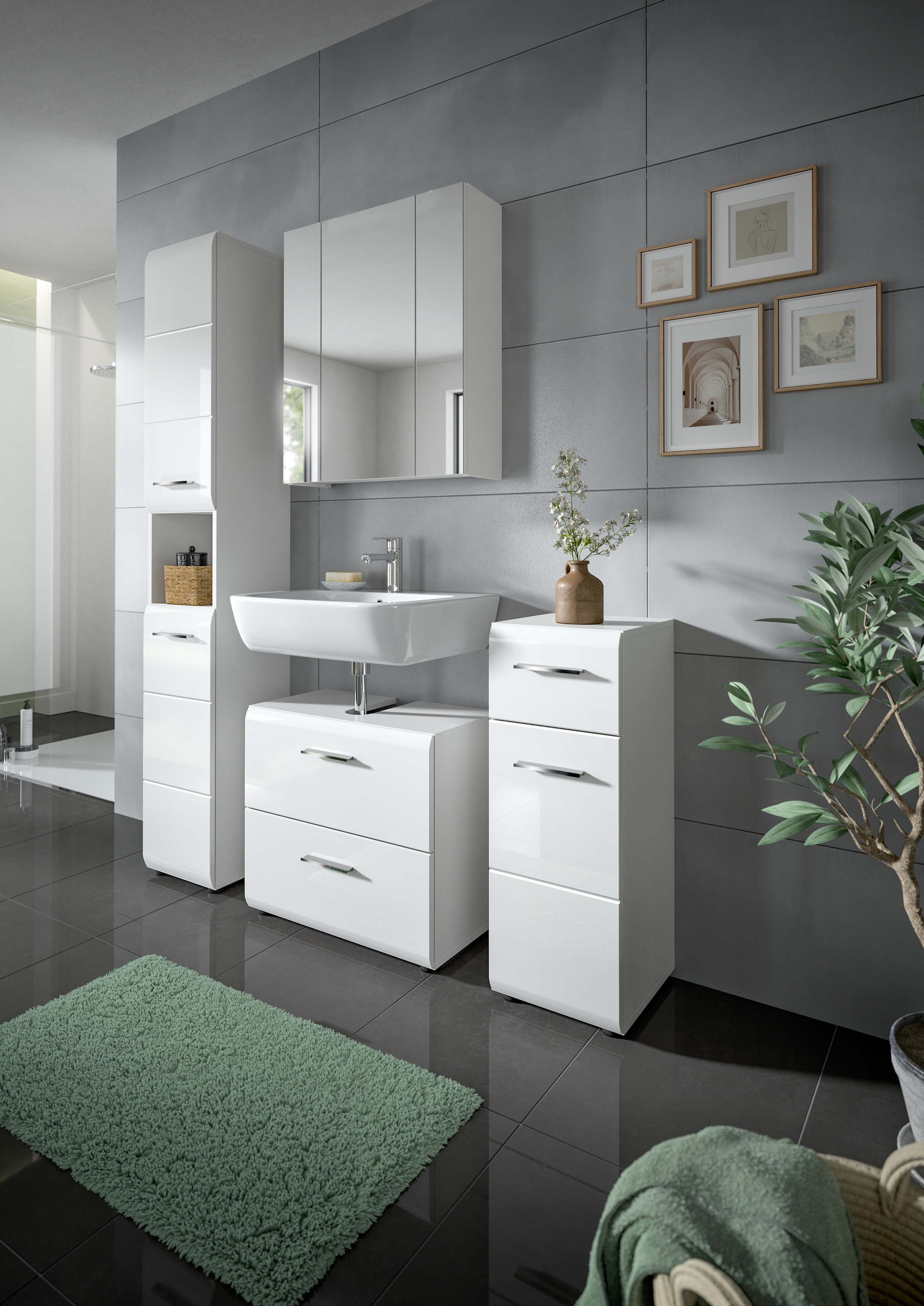 INOSIGN Badezimmer-Set, (Set, 4 St.), Florenz, Badkombination 4-tlg., Weiß hochglanz tiefzieh, Hochschrank
