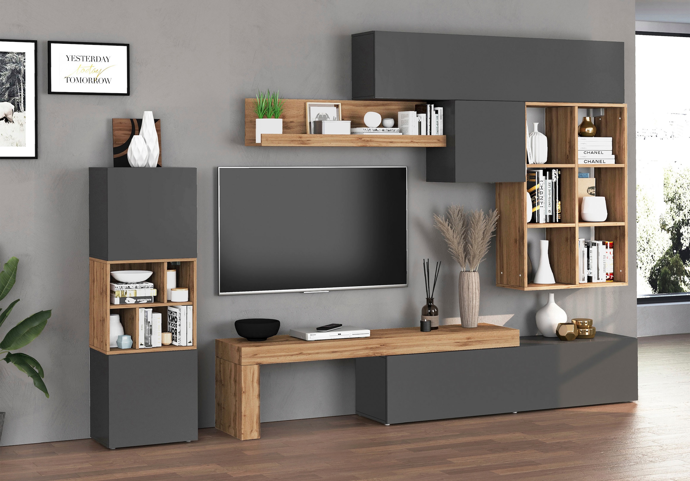 INOSIGN Wohnwand »Chronos Wohnwand, Medienwand, 8-er set«, (Set, 8 St.), ca. 320 cm mit Hängeschränke, Würfel, Regal, Lowboard, Made in Italy
