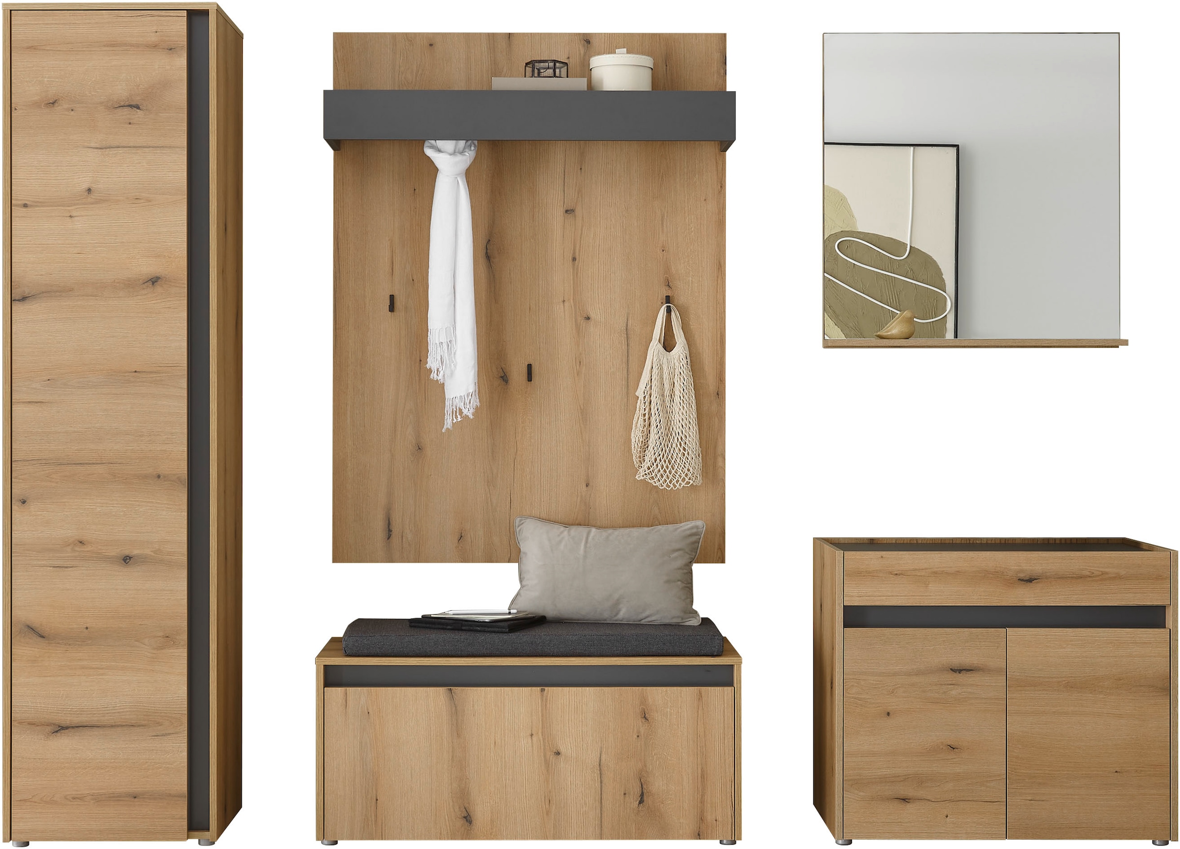 INOSIGN Garderoben-Set »GIRON/CiTY, moderne Garderobe, Komplettset mit viel Stauraum«, (Komplett-Set, 5 St.), enthält Schrank, Kommode, Spiegel, Paneel & Schuhbank +Sitzkissen