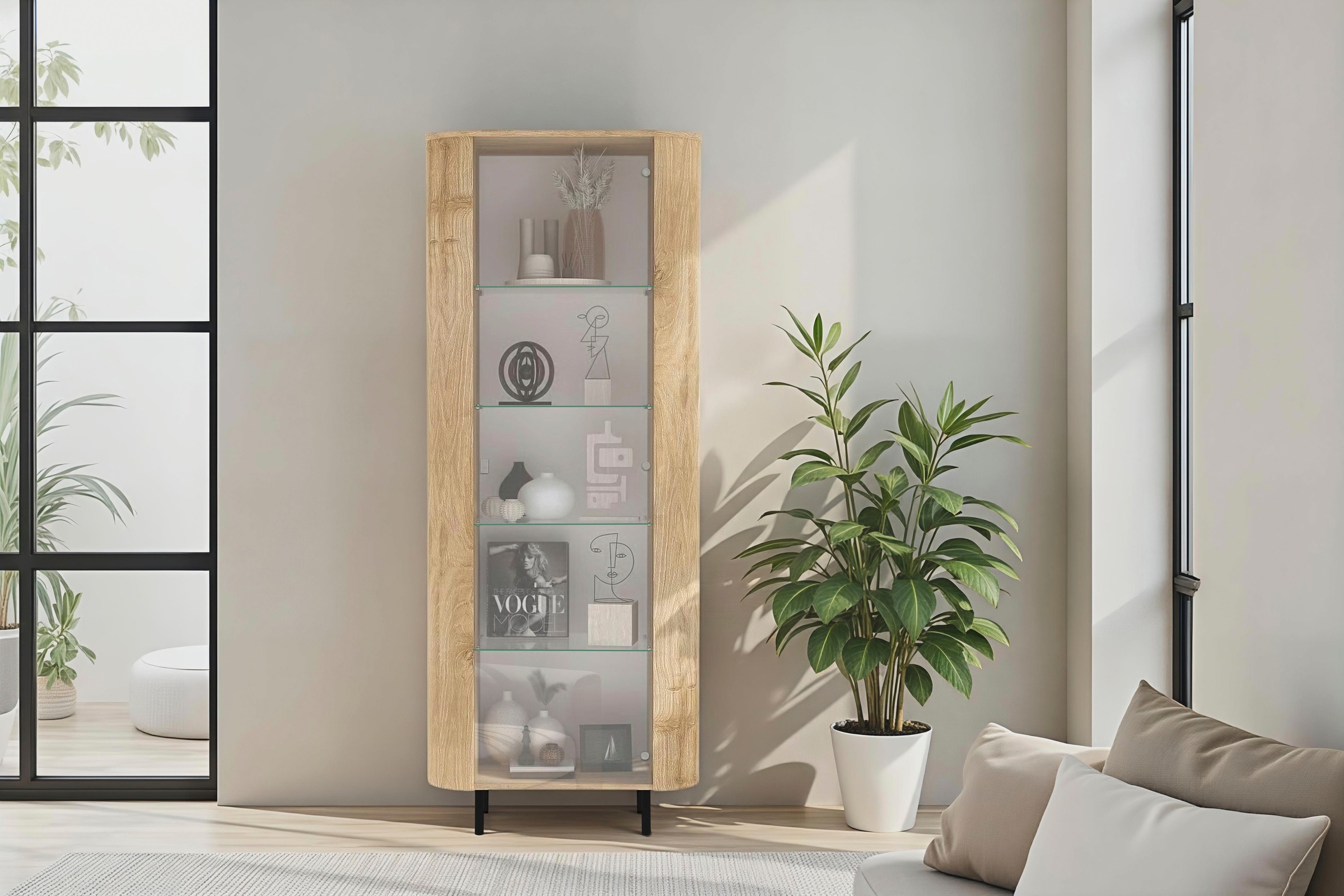 INOSIGN Vitrine »Murano, Standvitrine H 200 cm, B 80 cm, 1 Tür, Vitrinenschrank« Formgebogenes MDF, Stirnseiten mit Rundung, Metallfüße, stilvoll