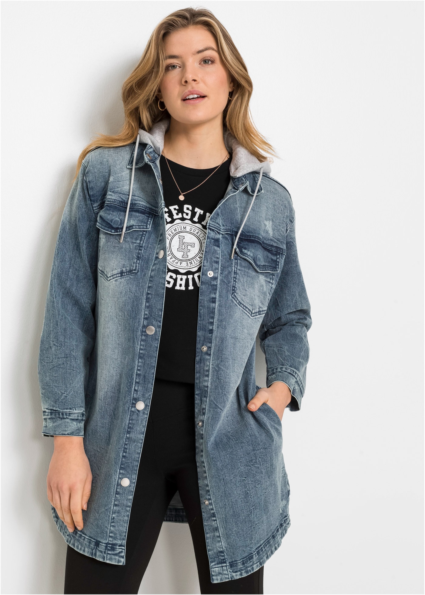 bonprix Jeansjacke mit Kapuze lange, bequeme Passform, mit Eingriffs- und B günstig online kaufen
